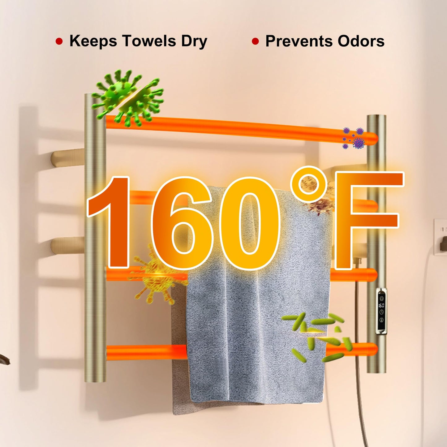 BLARALA Heated Towel Racks for Bathroom, Wall Mounted Electric Towel Warmer Racks with Timer & Temperature Control,Heater for Bathroom, Brushed (Round-Brushed Gold, 4 Bars)