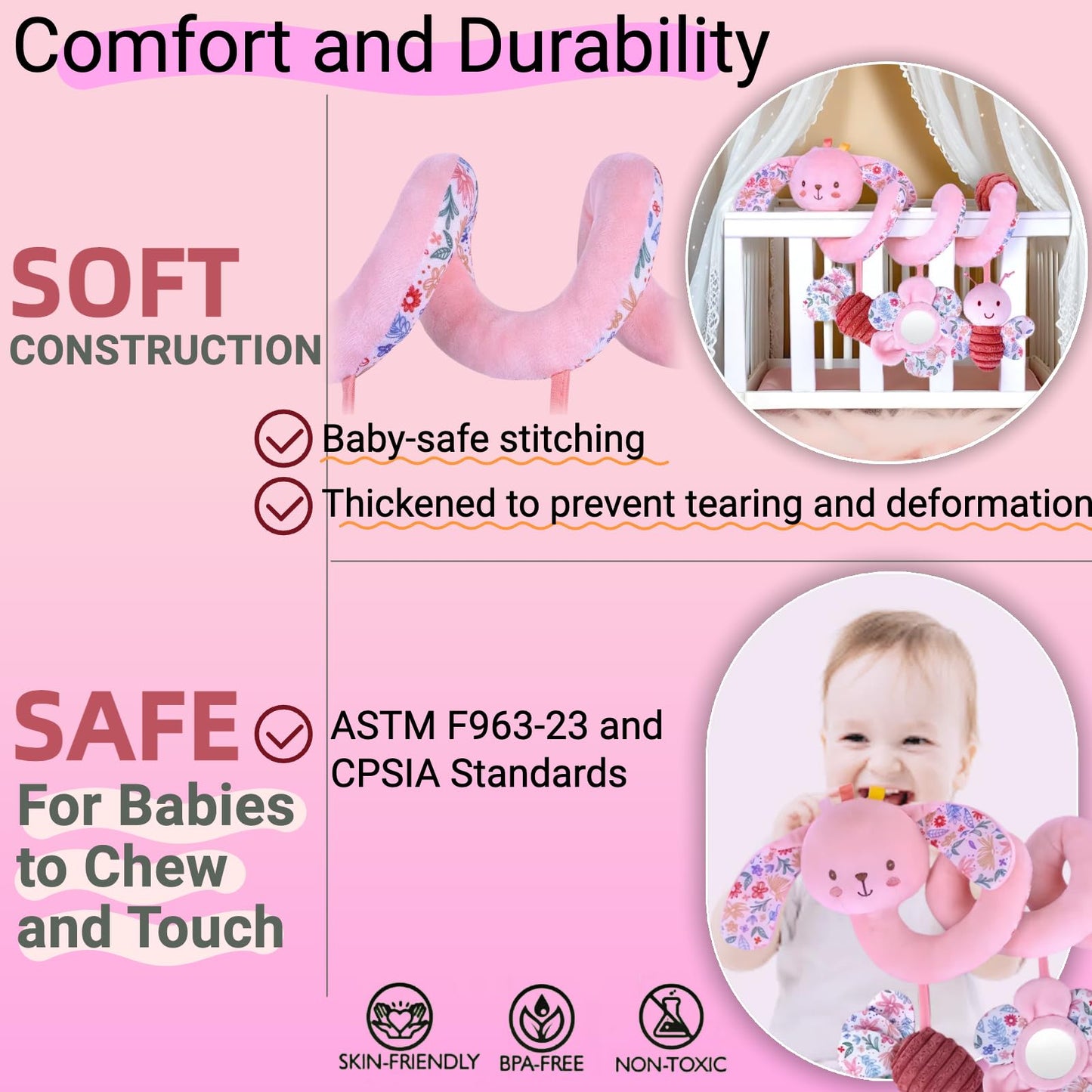 chochumy Spiral Car Seat Toy for Babies 0-6-12 Months Girl, Stroller Hanging Baby Toys 0-3-4-5-6-7-8-9-12 Month Old Newborn Infant Toddler Rabbit Gifts Travel Carseat Mirror Crinkle Bunny Accessories
