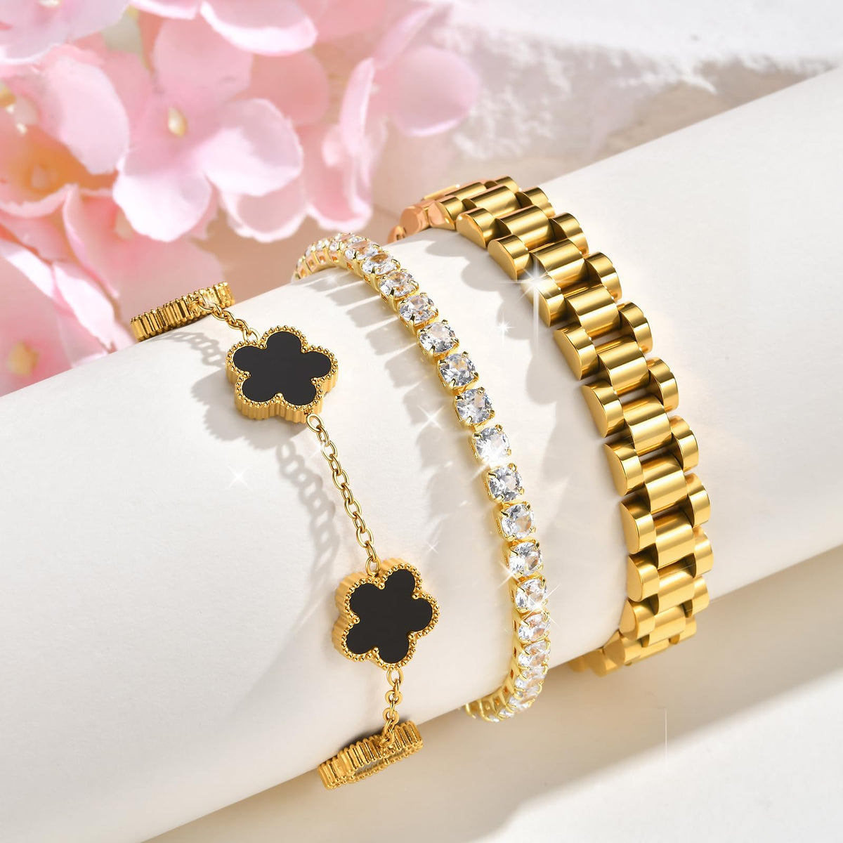 Stackable Gold Floral Bracelets Set - 3pcs 18K Gold Plated Bracelet Non-tarnish,Stainless Steel Link Chain Friendship Bracelet,Watch Band Trendy Jewelry,Christmas Valentines Birthday Gifts for Women