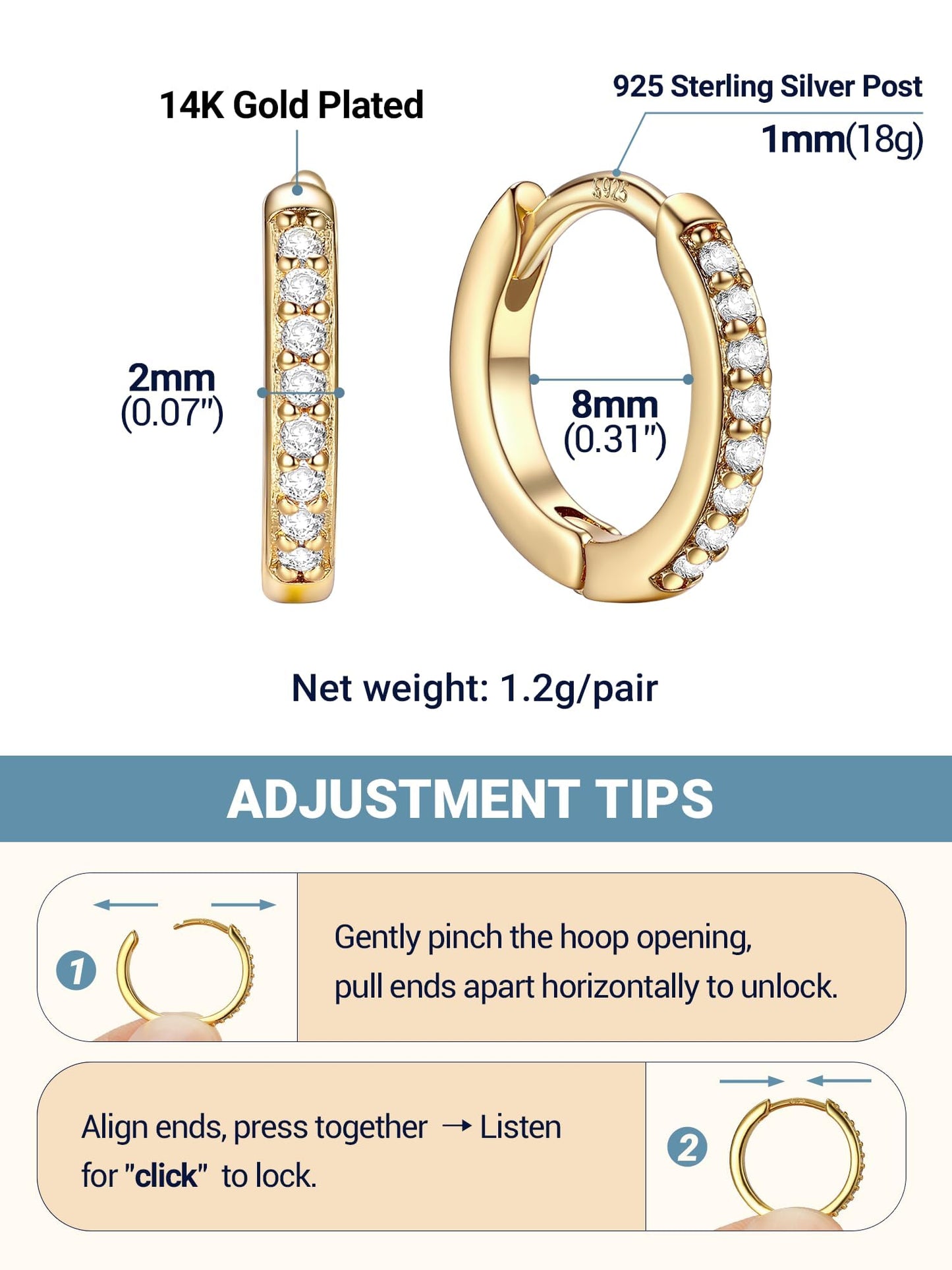 Gold Hoop Earrings For Women Cubic Zirconia Hoops Earring Hypoallergenic 8mm Tiny Huggie Jewelry Non Tarnish Cartilage Piercing Waterproof Ear Earings