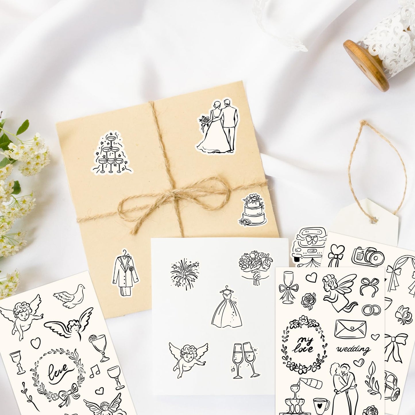 Whaline 294Pcs Wedding Stickers Seal Decals Black Beige Groom and Bride Cupid Flower Adhesive Labels for Wedding Bridal Shower Party Favor Supplies, 18 Sheets