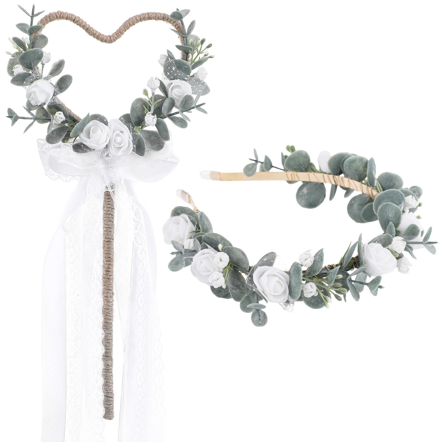 KorViSHOW White Flower Crown Headband, 2 PCS Artificial Rose Floral Headband with Boho Heart Floral Wand with Ribbon for Bride Fairy Woodland Wedding Vacation Birthday Party Hair Accessories