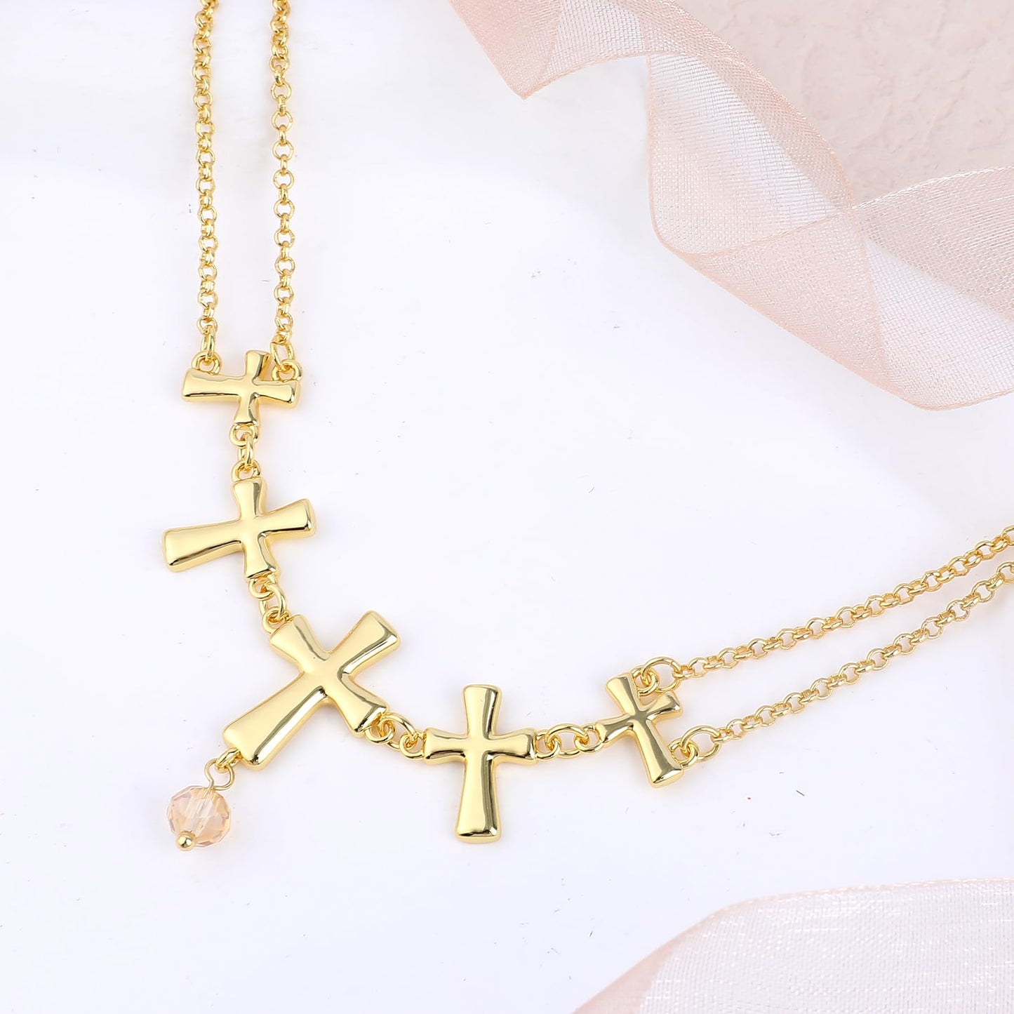 NEKOL Vintage Layered Gold Cross Charm Necklace for Women, Double Chain Faith Cross Pendant Necklace with Dangle Glass Beads Religion Jewelry Gifts for Women