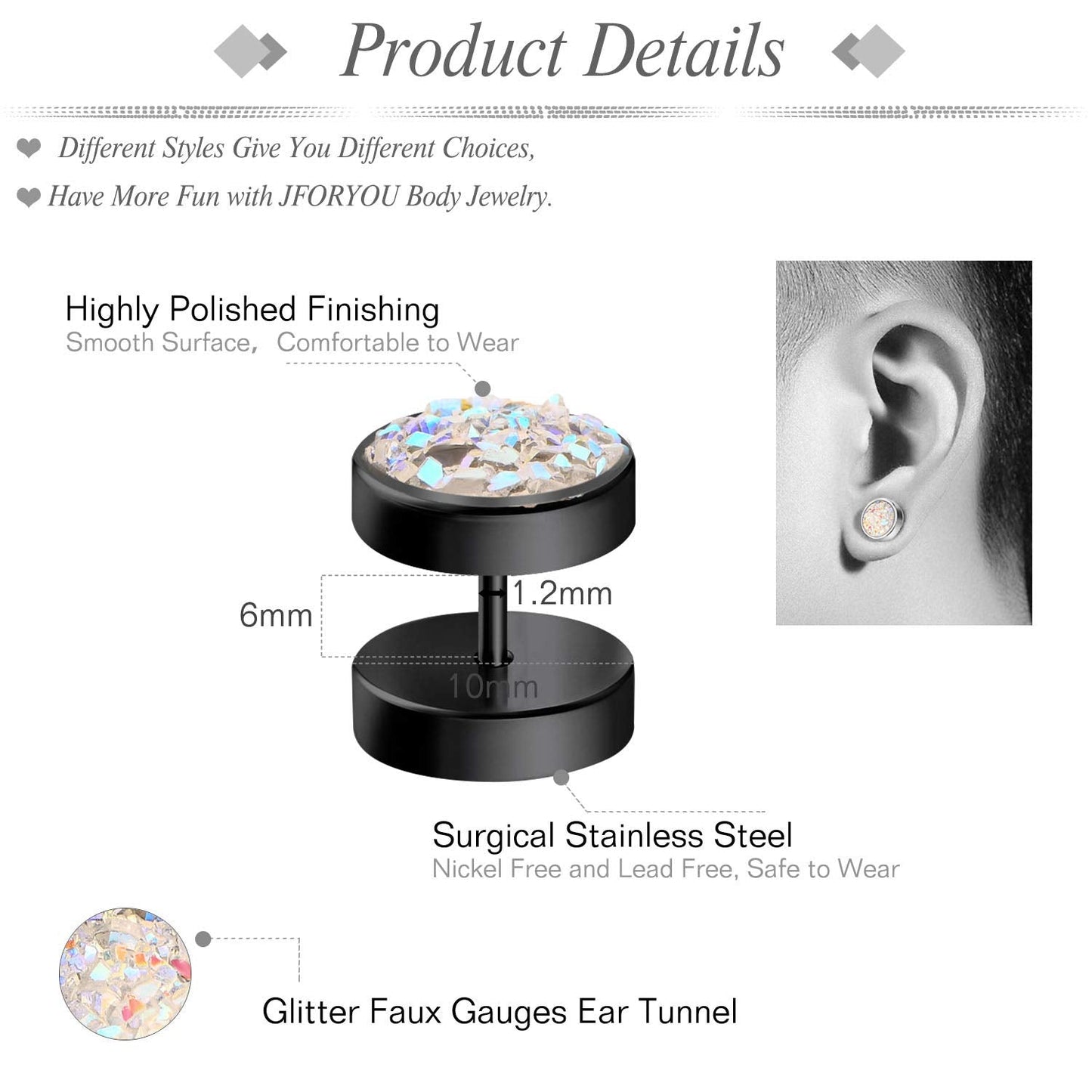 JFORYOU 6 Pairs Round Stud Earrings Stainless Steel Druzy Studs Earrings Set for Women Mens Faux Fake Cheater Ear Plugs Gauge Punk Style