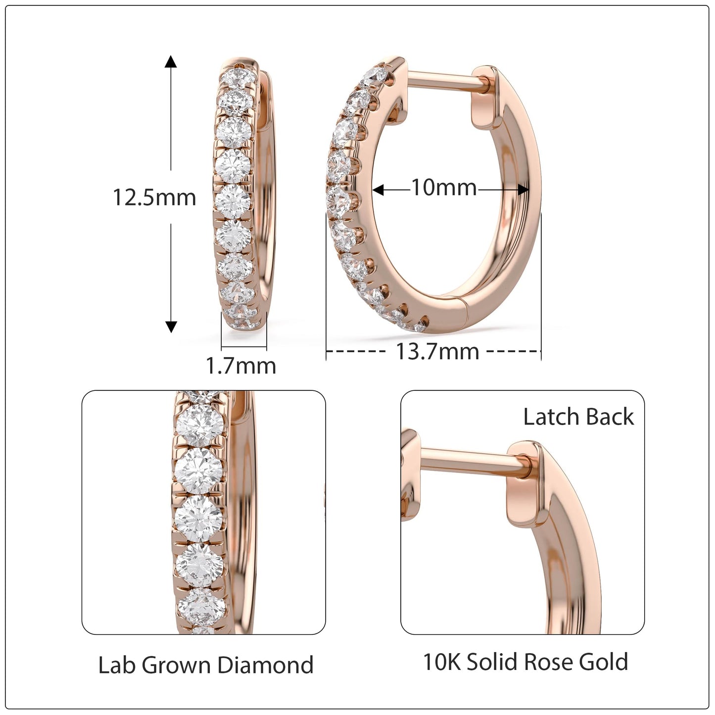 10MM Huggie Hoop Earrings for Women, 0.25 Carat (ctw) Round Natural Diamond Hoop Earrings in 10K Solid Rose Gold Jewelry for Her
