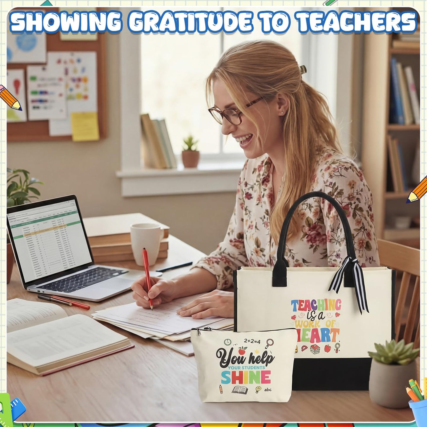 Capoda Teacher Appreciation Gifts for Women Bulk - 4 Set Large Canvas Teachers' Tote Bags with Makeup Bags Pouch Rainbow Inspirational Quotes, Thank You End of Year Daycare Teacher Staff Gifts Set