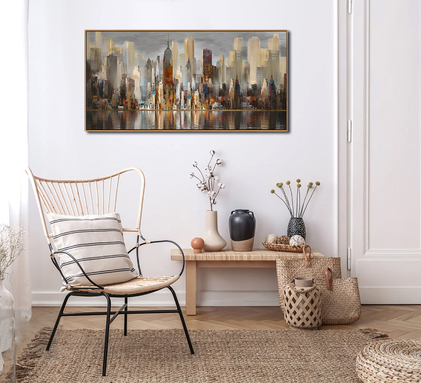 Mofutinpo Abstract Modern Canvas Wall Art for Living Room Cityscape New York Wall Decor City Theme Paintings Brown Framed Pictures Office Artwork Wall Decor Bedroom Above Bed