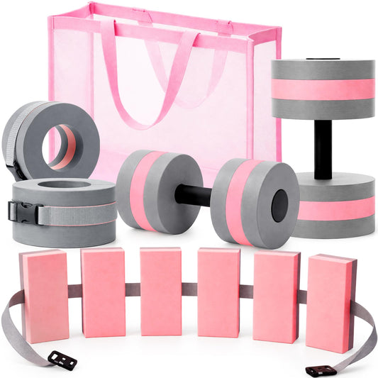 WinnerWhy 6 Pcs Aquatic Exercise Set Water Aerobics Set Large Mesh Beach Bag Pool Fitness Equipment Foam Water Dumbbell Ankle Swimming Weight Aquatic Swim Belt for Exercise Weight Loss(Grey Pink)