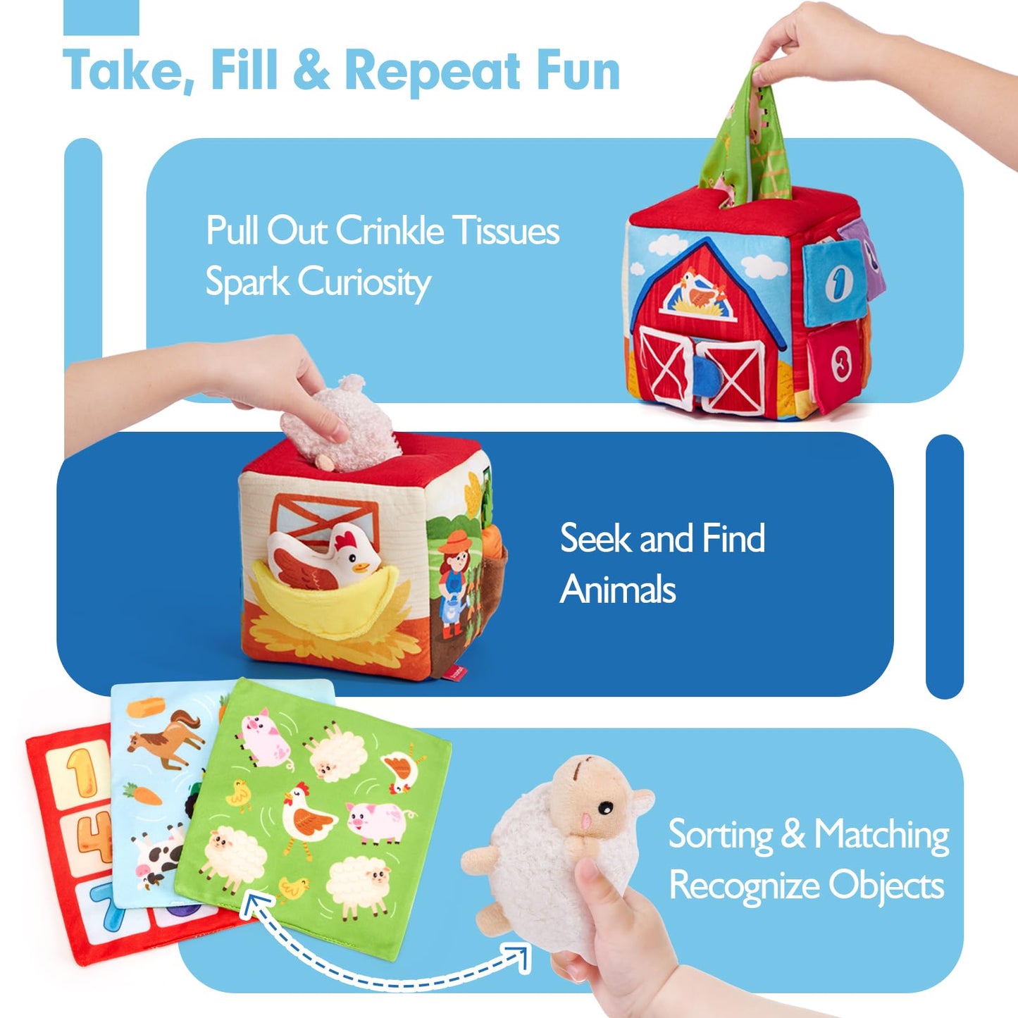 hahaland Baby Toys 6-12 Months - Mystery Soft Box with 12 Sensory Farm Animals Plush, Whats Inside Box with Rattle, Crinkle, Squeaker, Mirror, Montessori Toys for 6 Month Old Easter Basket Stuffers