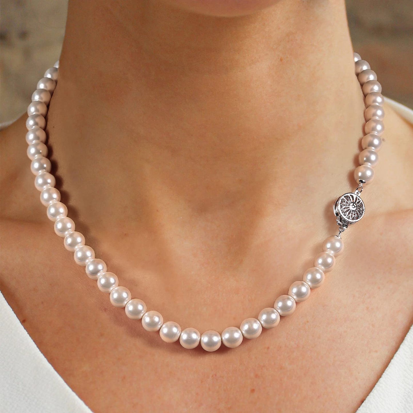 White Pearl Strand Necklace Women: 8mm/10mm Ivory Pearl Chain Wedding Jewelry with Dainty Silver Clasp for Bride Bridemaid - Trendy Accessory for Mother Graduate Elegant Lady (10mm)