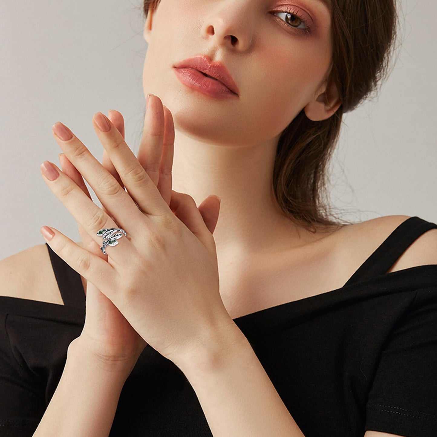 POPLYKE Leaf Moss Agate Ring Sterling Silver Boho Adjustable Open Ring Green Gemstone Spoon Ring Vintage Thumb Rings for Women