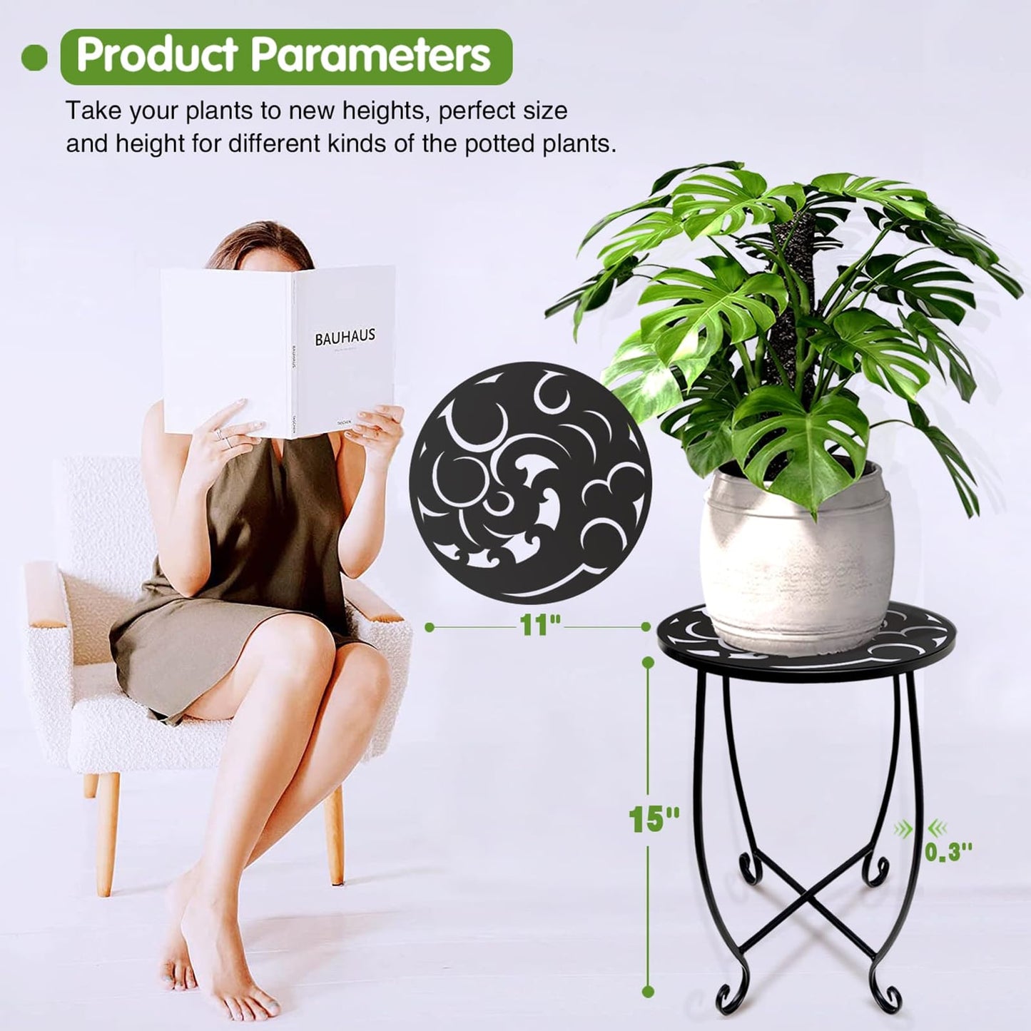 Kaesithar 2 Pack 15 Inch Tall Plant Stands Outdoor Indoor, Metal Side Tables for Patio, Weather Resistant Flower Pot Racks with Swirl Pattern, Black End Table Set for Garden Balcony