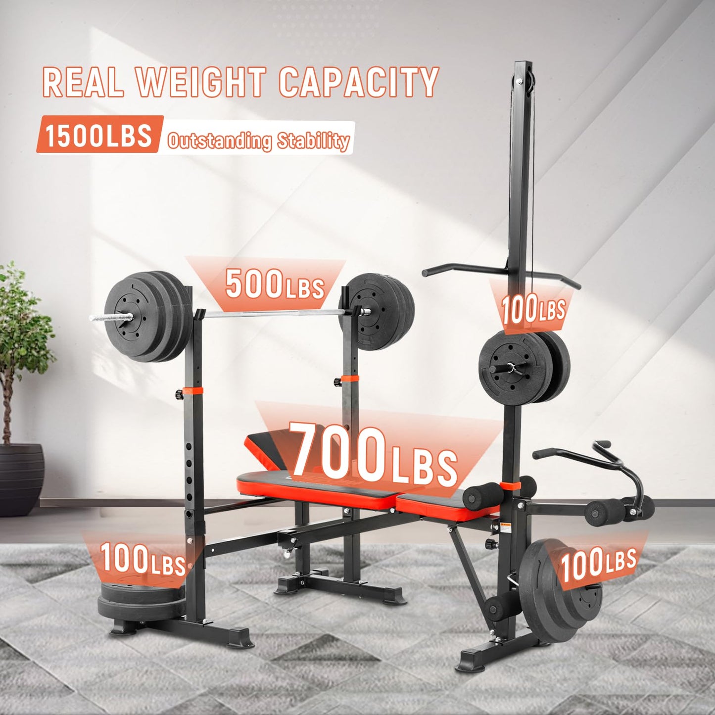 MAIDOMA 1500LB 8 IN 1 Weight Bench with Lat Pulldown and Leg Extension/Curl, Foldable Bench Press with Preacher Curl & Squat Rack, Workout Benches with Safety Bar Catches for Home Gym