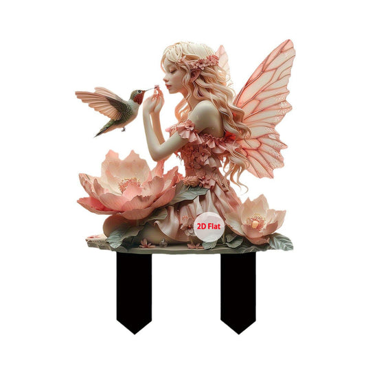 ANNUOZE Fairy Garden Stake Decor, 2D Flat Acrylic Fairy Garden Decor Panel, Elf Yard Sign for Outdoor Indoor Yard Lawn Plants Pots, Fairy Yard Accessories (Fairy and Hummingbird)