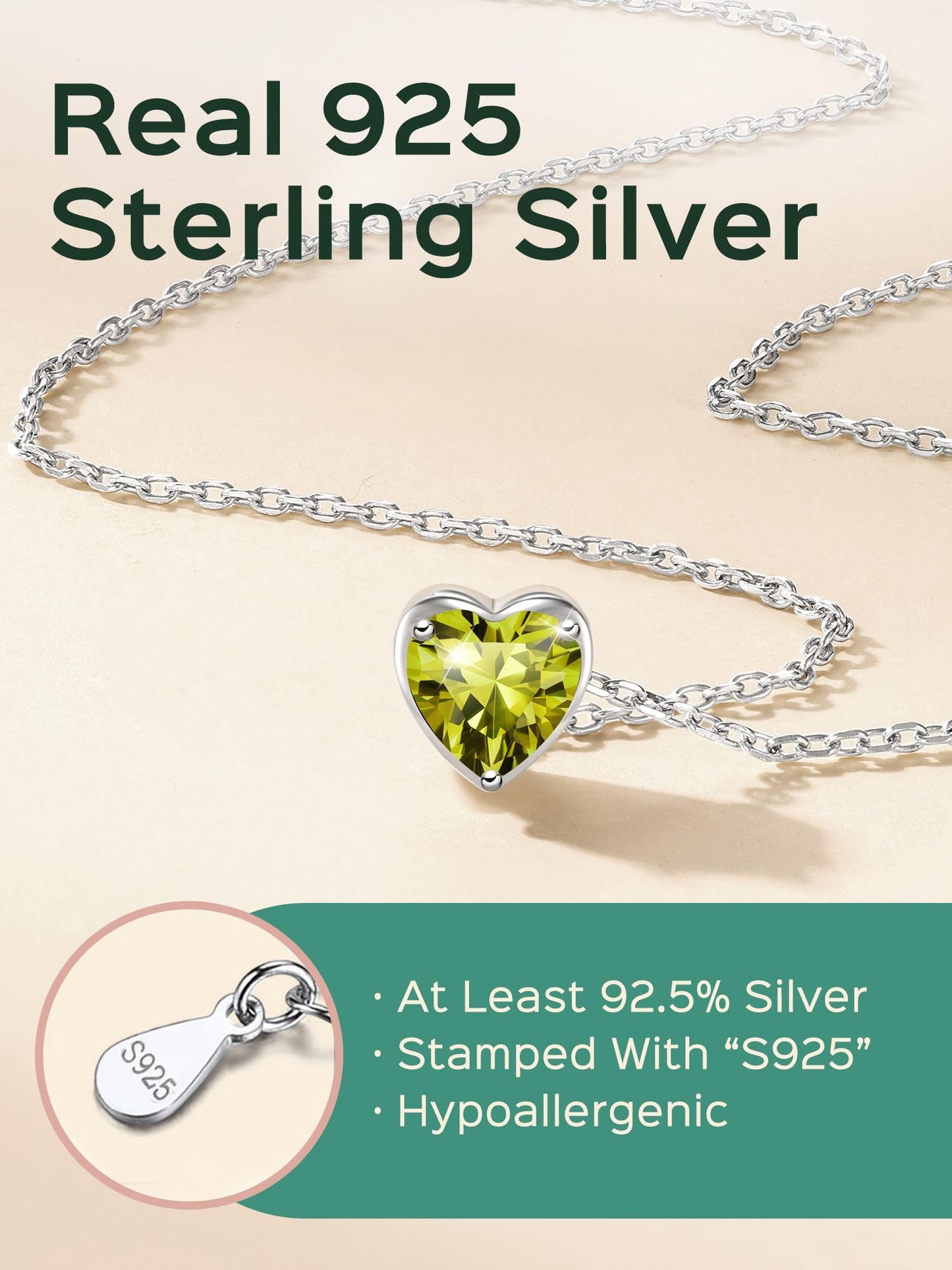 ChicSilver Tiny Silver Heart Necklace 925 Sterling Silver Love CZ Cubiz Zirconia Peridot August Birthstone Pendant Necklace Heart Choker Necklace for Women