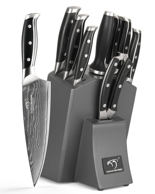 Damascus Kitchen Knife Set with Block, 9-Piece 67-Layer VG10 Damascus Steel Knife Set with Triple-Rivet Handles, Chef, Santoku, Utility, Bread & Paring Knives, Sharpener, Shears, Grey