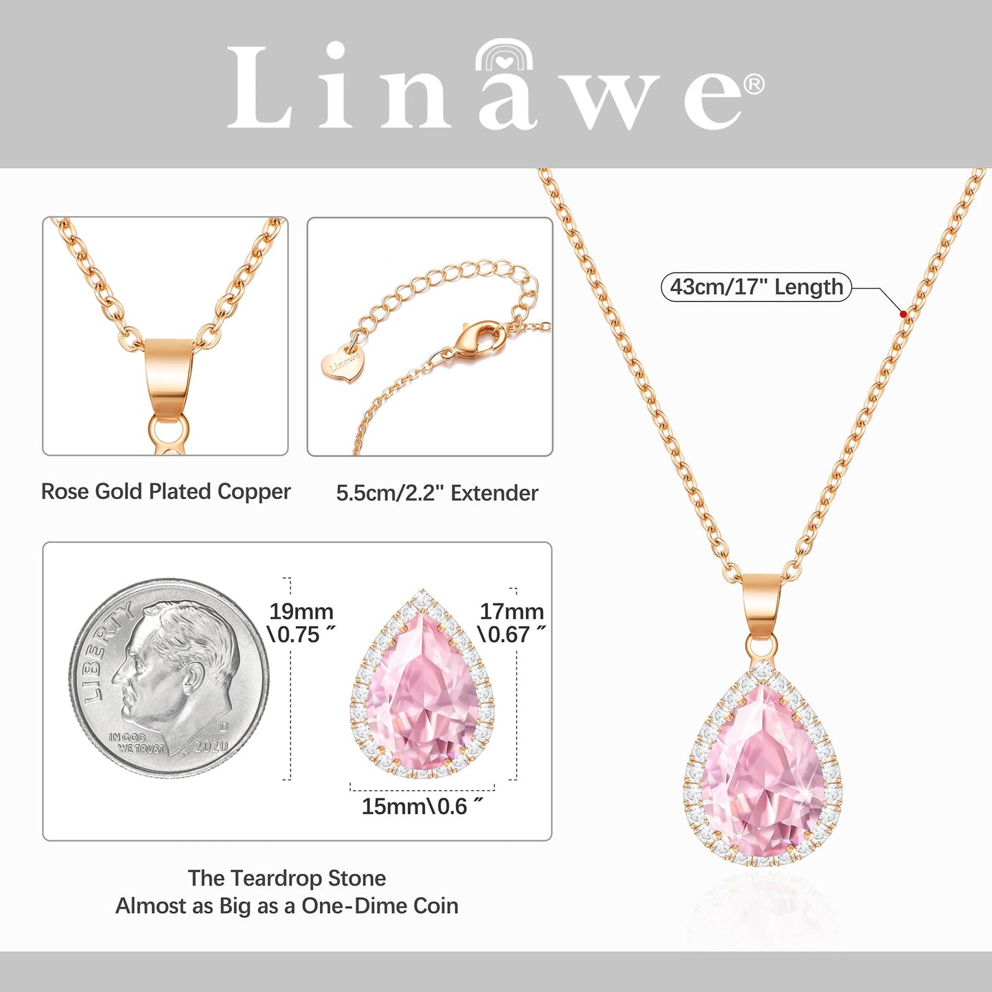 Linawe Pink Crystal Necklace, Rose Gold Chain Imitation Diamond Pendant Cubic Zirconia Birthstone Rhinestone Teardrop Necklace, Preppy Bridal Wedding Bride Boho Jewelry
