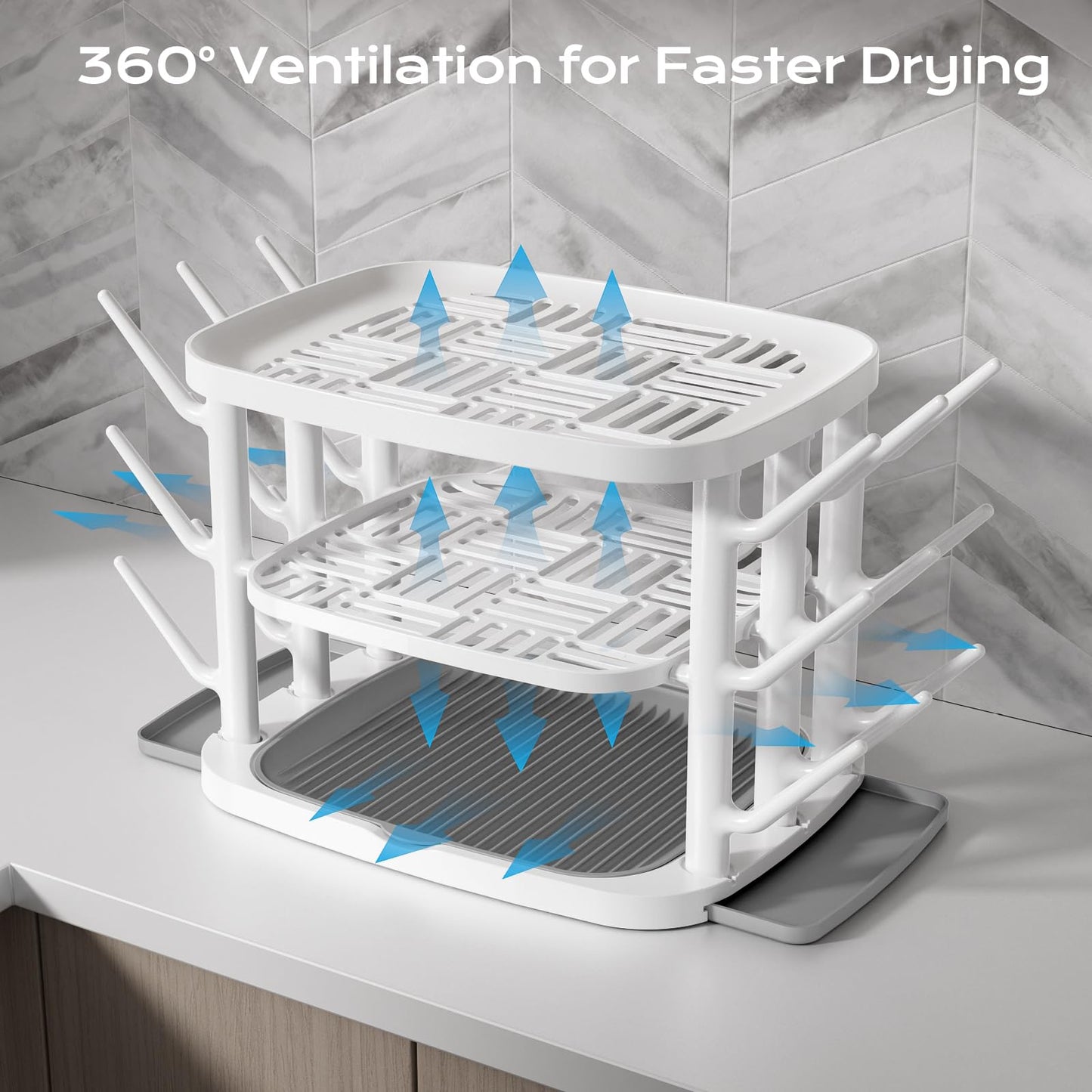 GREENDADI Baby Bottle Drying Rack,3-Tier Large Capacity Countertop Organizer with 360° Ventilation, Removable Drip Tray, Non-Slip Base – Easy to Clean Bottle Holder for Baby Accessories