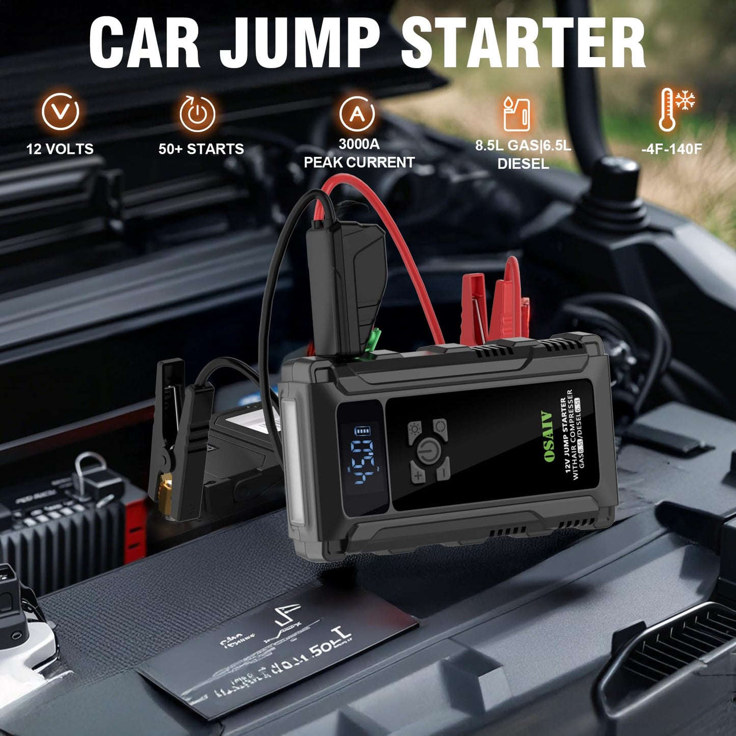 osaiv Jump Starter with Air Compressor, 3000A Car Battery Jump Box for 8.5 Gas/6.5L Diesel Vehicles, 150PSI Tire Inflator Auto-Shutoff, 10 Safety Modes, 3-Mode Emergency Light