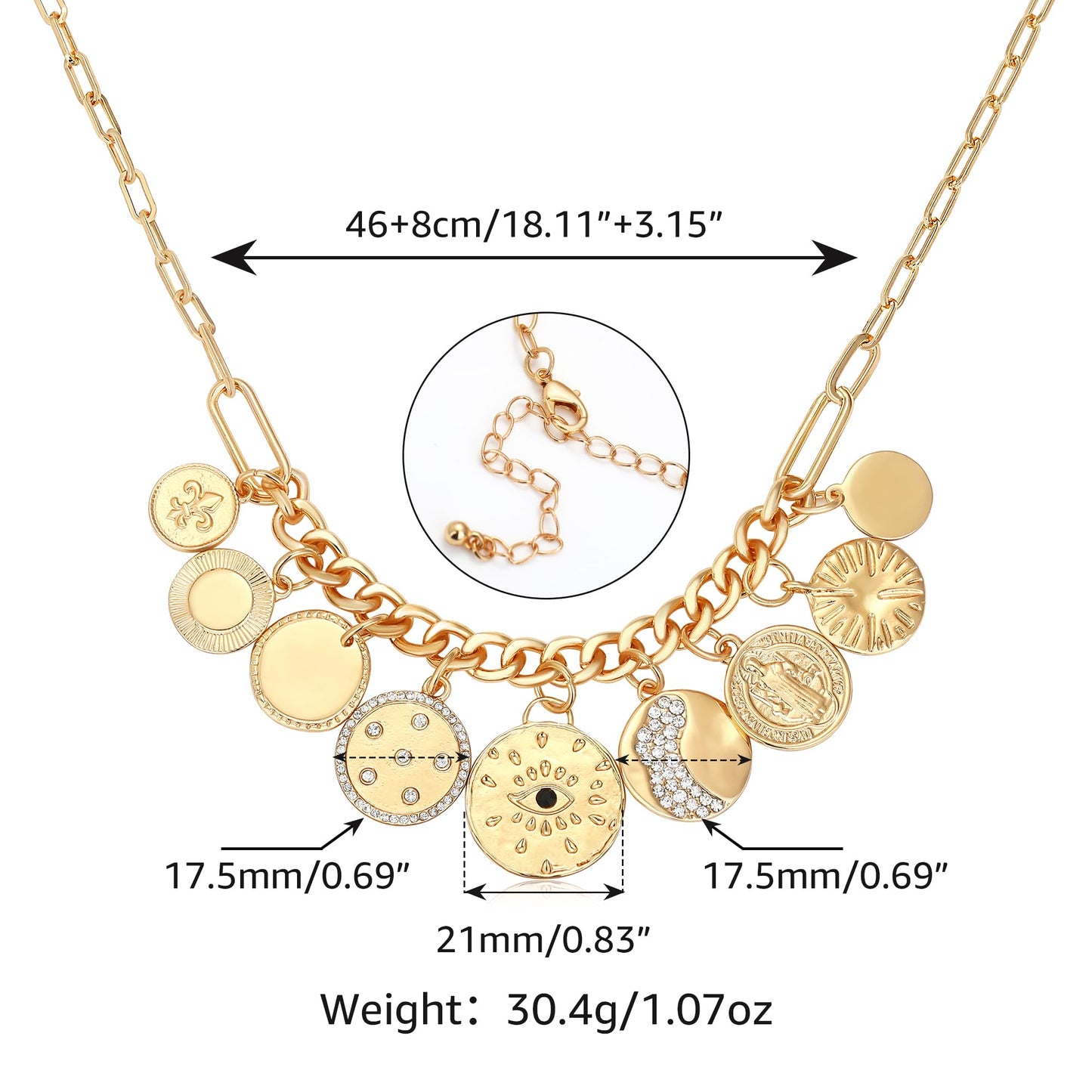 MISS RIGHT Charm Necklace for Women Dainty Gold Evil Eye Coin Lucky Vintage Paperclip Chain Sun Moon Disc Chunky Charm Pendant Necklace Jewelry Gifts COINS