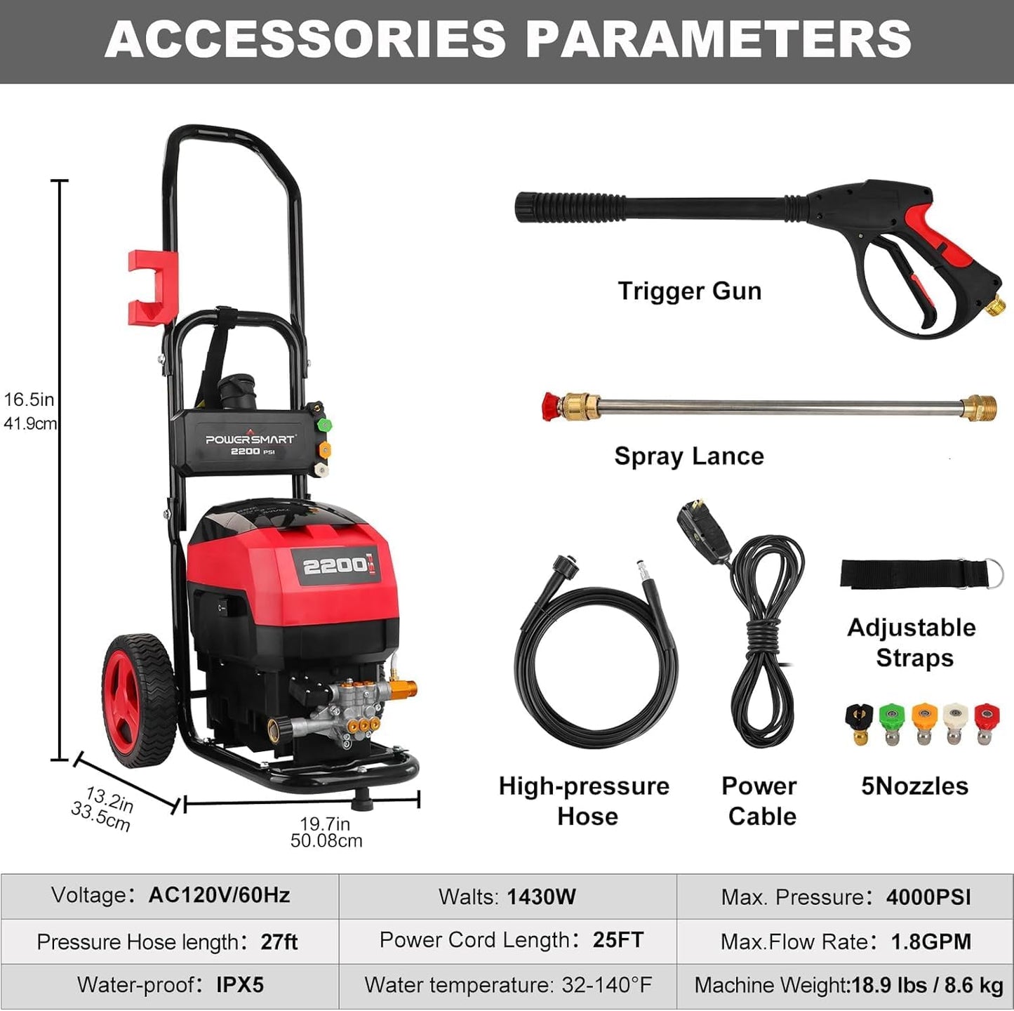 PowerSmart Electric Pressure Washer 1.2 GPM 2200PSI Max, 120V Ultra Light Portable Power Washers