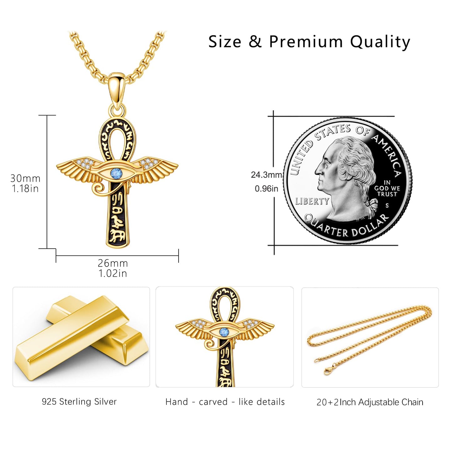 YEESIA Cross Necklace for Men Women, 925 Sterling Silver, Gold Anka Cross Pendant Necklace Evil Eye Pendant with Moonstone, Egyptian Protective Jewelry Gift for Men Women