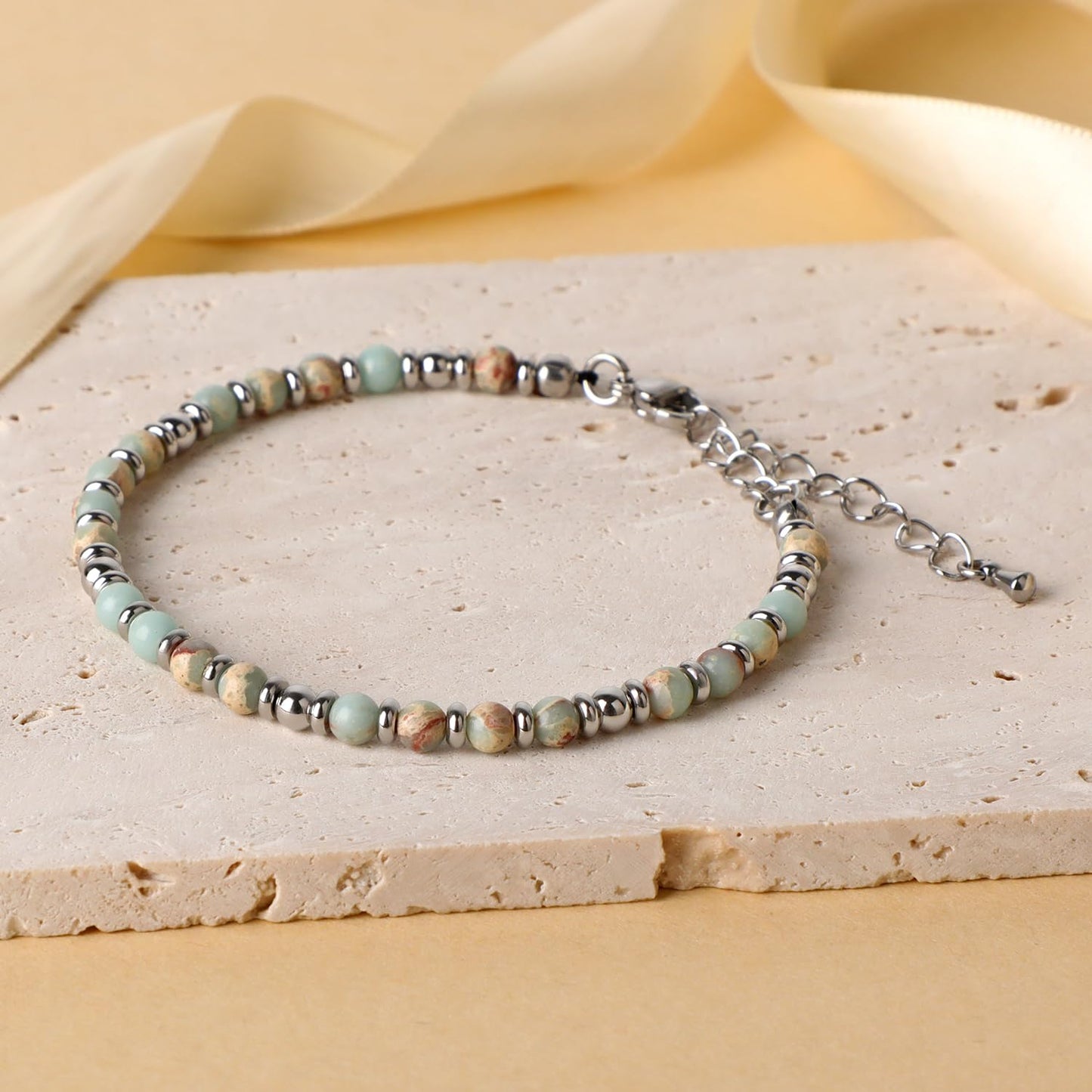 4mm Imperial Jasper Tiny Beaded Bracelets For Women, Energy Gem Charm Jewelry Adjustable Bracelet Gifts for Mom, Daughter, Wife, Coworkers, Friends, Bestie