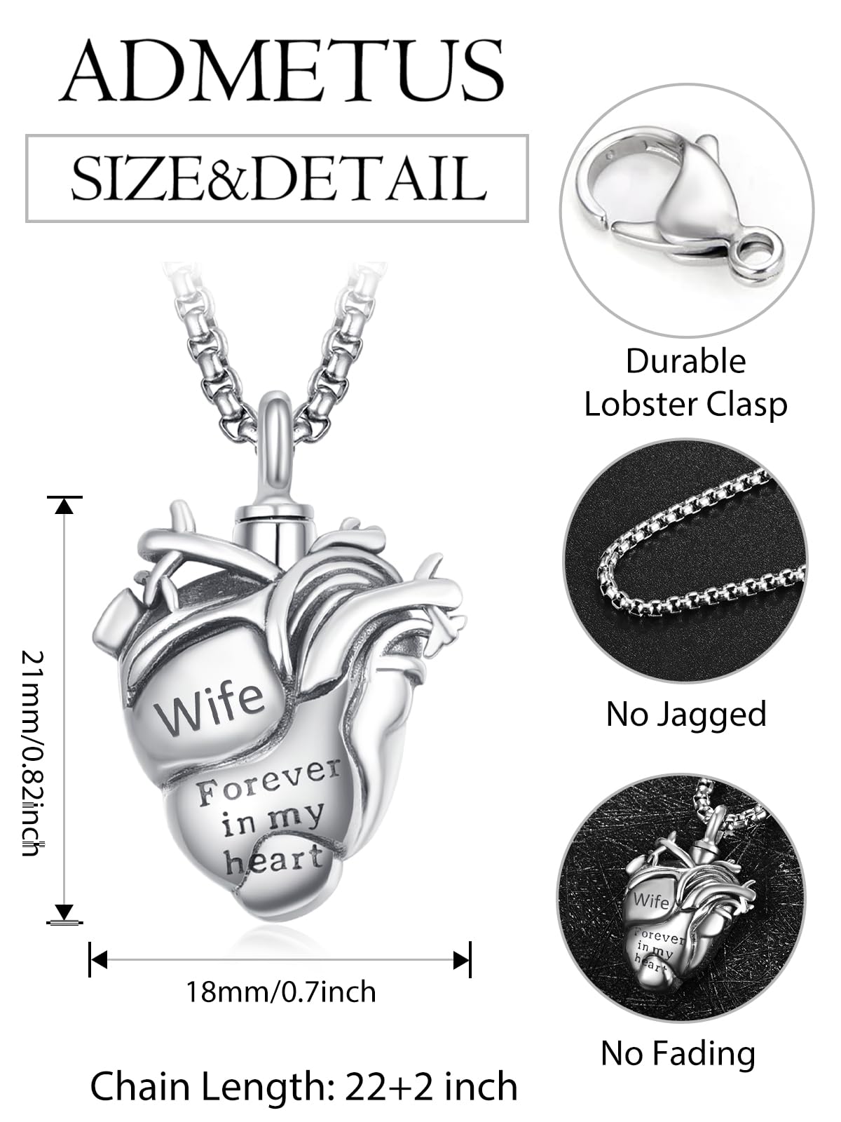 Anatomical Heart Urn Necklaces for Ashes Sterling Silver Ash Pendants Cremation Jewelry Wife Keepsake Pendant Memorial Jewelry Gifts for Loss of Wife