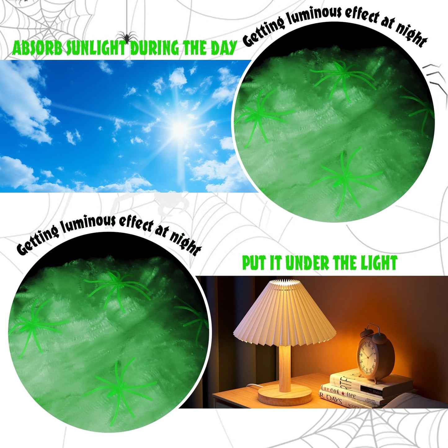 DERAYEE Halloween Glow in The Dark Spider Web Decorations, 700sqft Super Stretch Fake Cobwebs with 50 Plastic Spiders for Halloween Party Indoor Outdoor Supplies (200g)