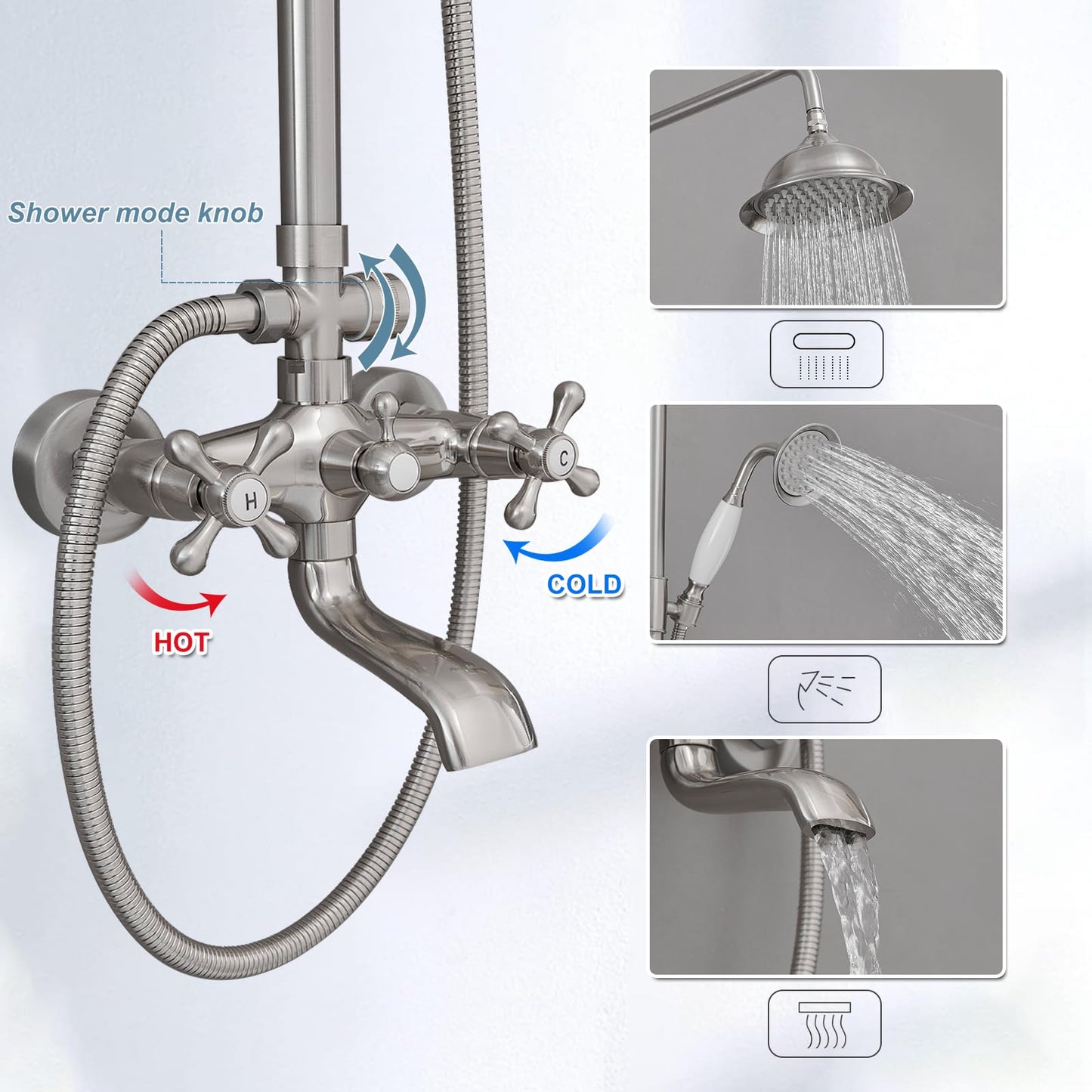 BWE Brushed Nickel Shower Faucet Set 8-Inch Rain Shower Head Handheld Sprayer and Rotatable Tub Spout Triple Function Wall Mount Shower Fixture Combo System Stainless Steel
