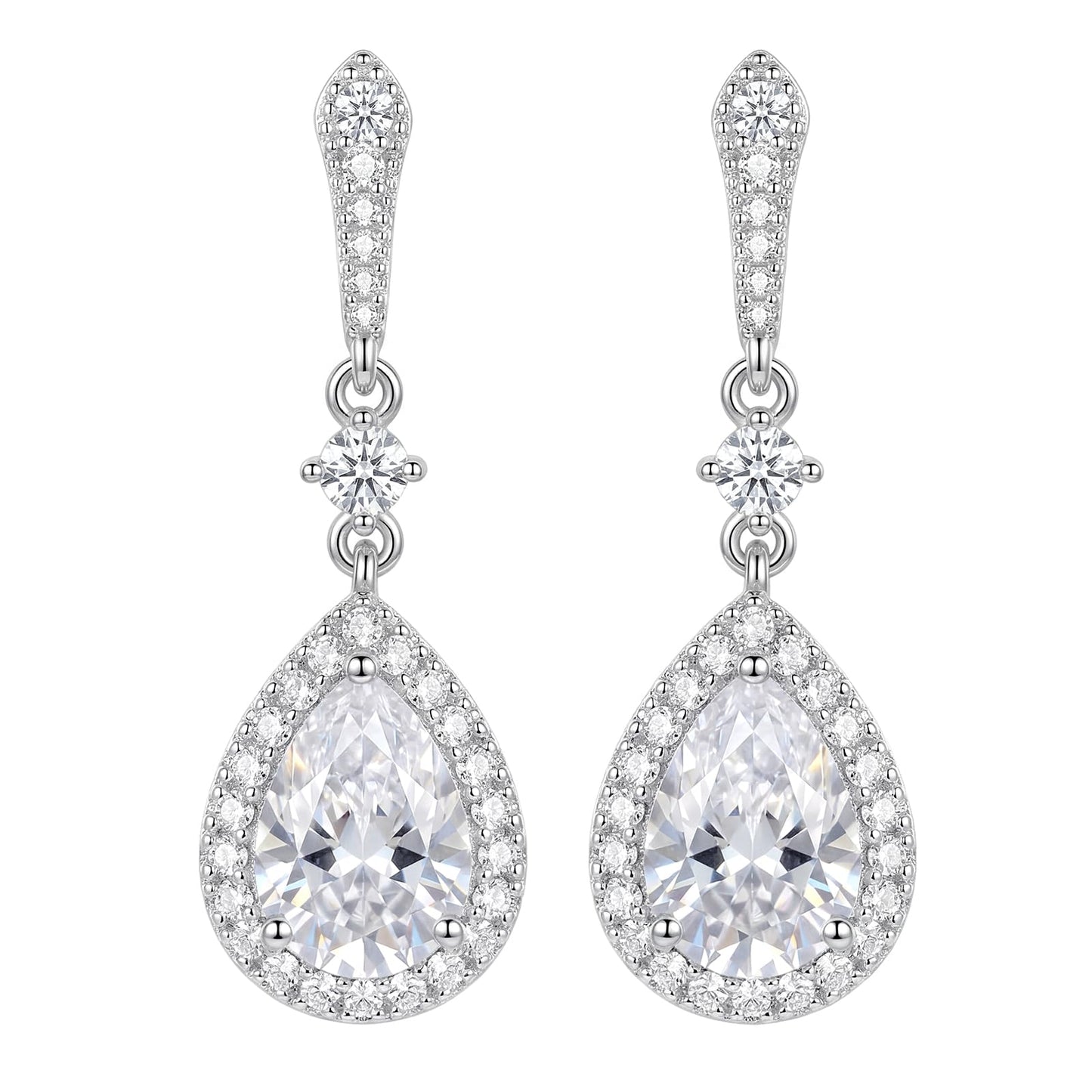 SWEETV Cubic Zirconia Dangle Earrings for Women, Teardrop Bridal Earrings for Wedding, Brides, Bridesmaids, Pear Shaped Drop Earrings for Women Prom Formal Party, Silver-Style4
