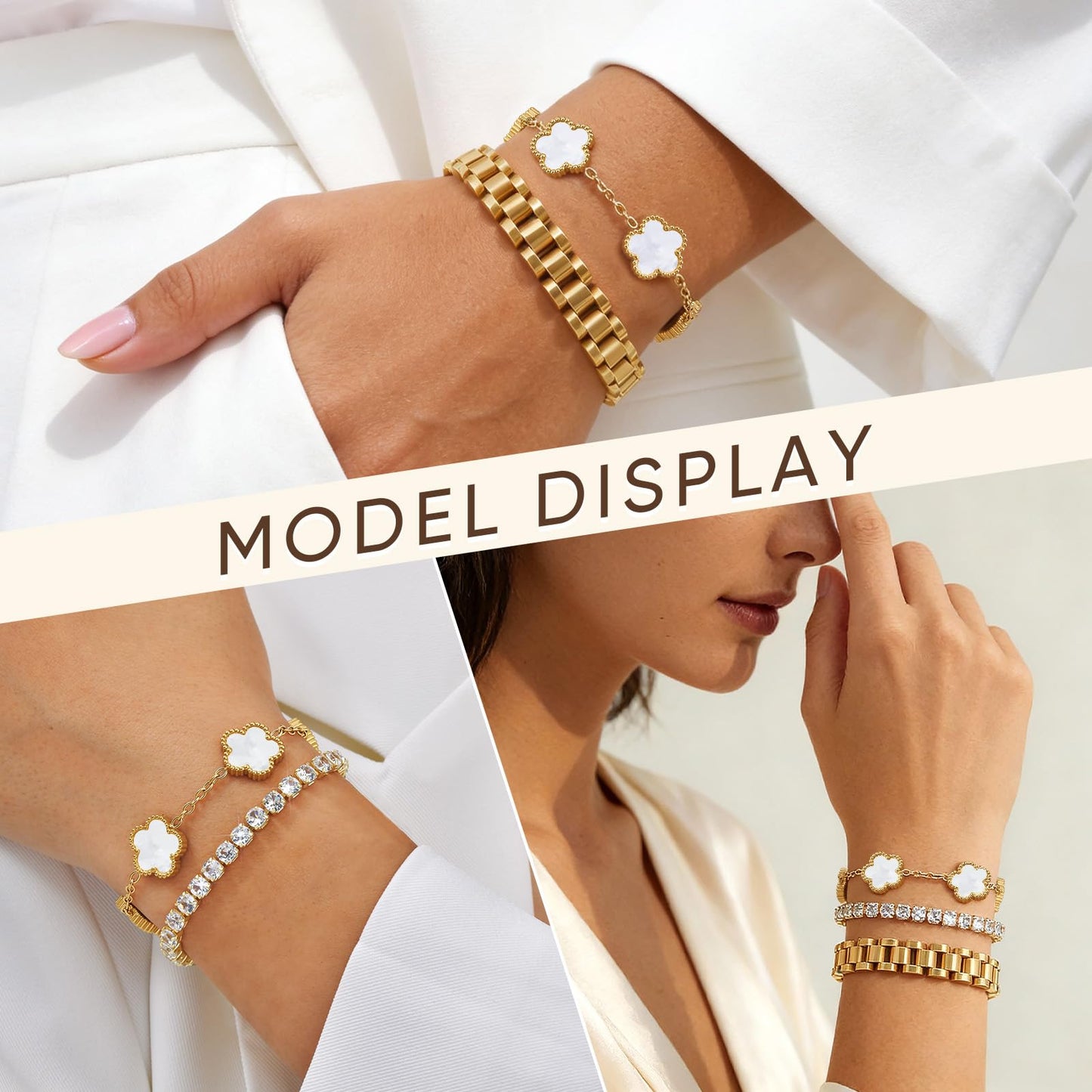 Stackable Gold Floral Bracelets Set - 3pcs 18K Gold Plated Bracelet Non-tarnish,Stainless Steel Link Chain Friendship Bracelet,Watch Band Trendy Jewelry,Christmas Valentines Birthday Gifts for Women