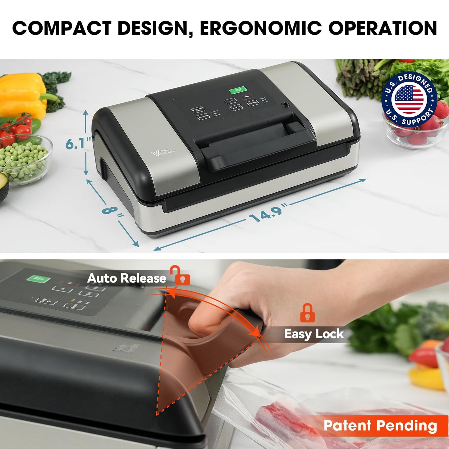 Vesta Precision 12" Vacuum Sealer Machine for Liquid & Moist Foods, Smart Heat Sealing Prevents Bag Melting, Built-in Cutter & Roll Storage Fits 2X20’ or 1X50' Rolls, Mason Jar Kit, Sous Vide, V23