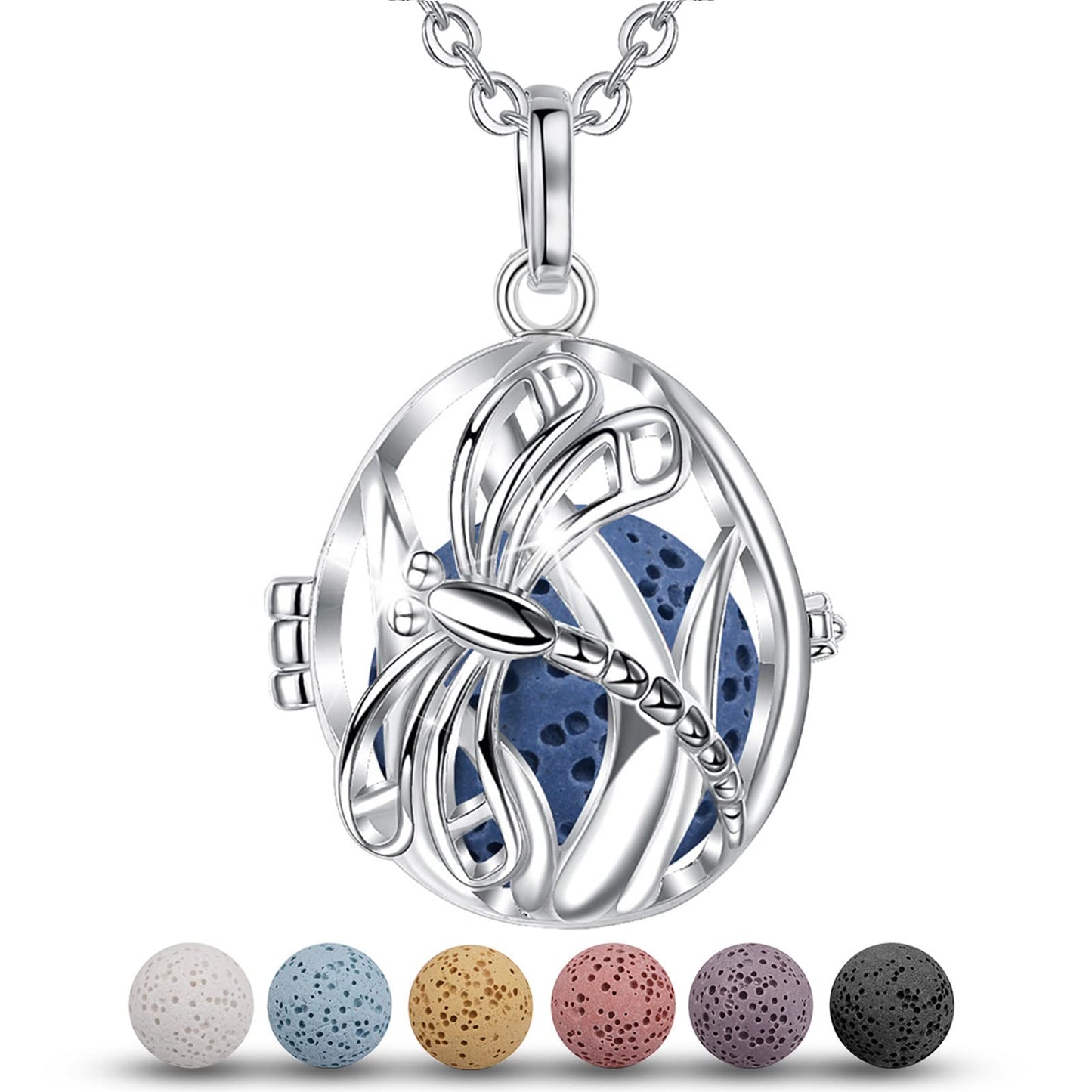 INFUSEU Dragonfly Essential Oil Diffuser Necklace Necklaces for Women Aromatherapy Jewelry 7 Lava Rock Stone Oval Aroma Therapy Scent Pendant Perfume Holder Cage Personal Smelling Wearable Gifts