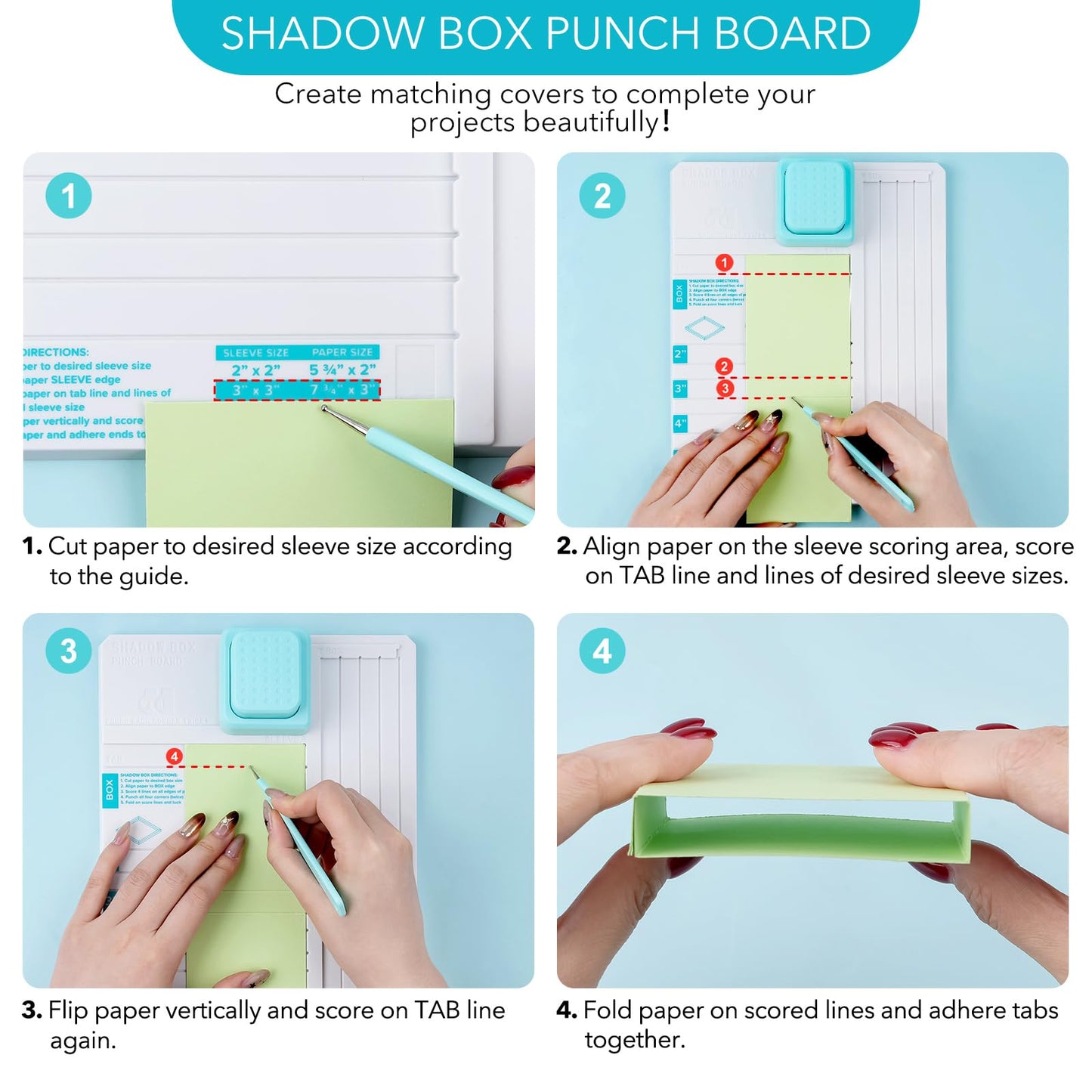Shadow Box Punch Board, Punch Boards for Crafting, 2", 3", 4", and 5" Shadow Box Making Scoring Board with Scoring Tool for DIY Making ShadowBoxes and Sleeves, Scrapbooking Family Photo Making Gifting