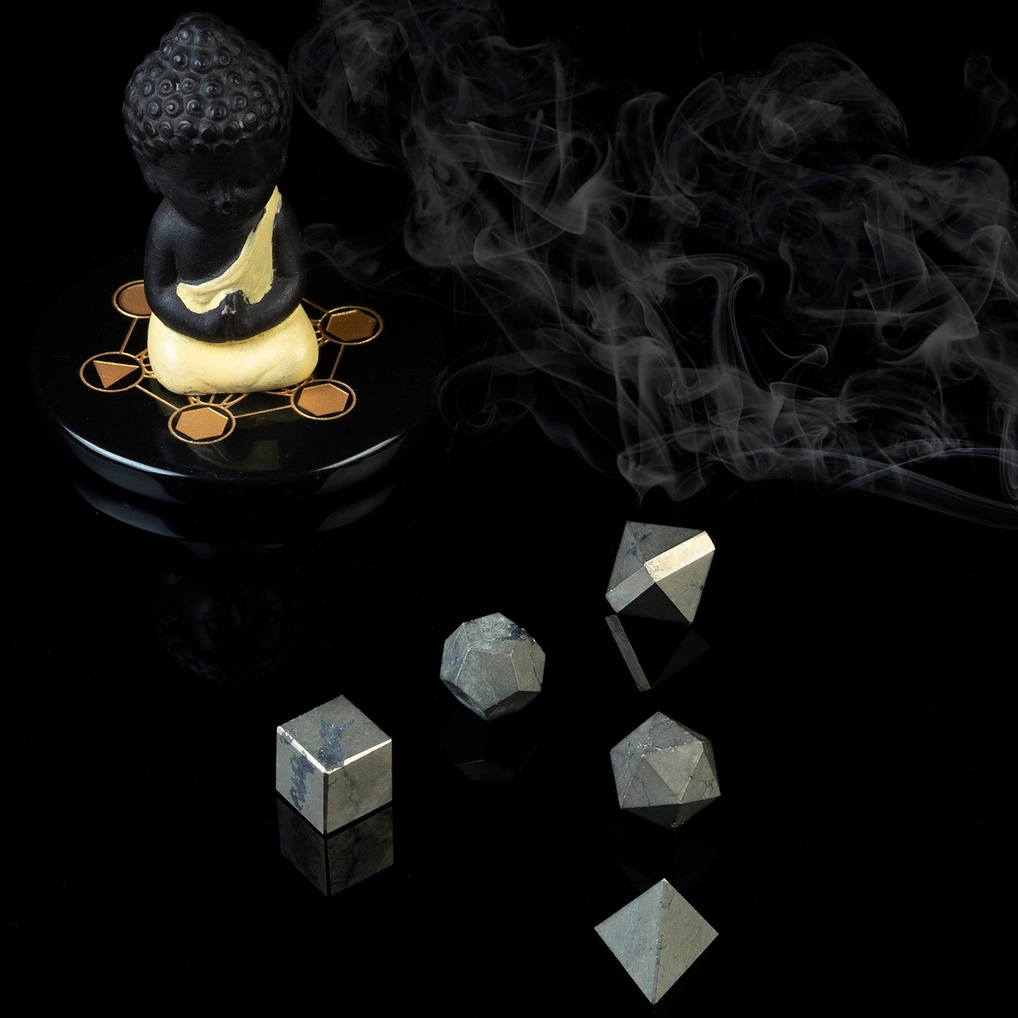 Crocon® Golden Pyrite 5pcs Platonic Solids Crystal Geometry Set Platonic Solids Sacred Geometric Stones for Meditation Reiki Balancing Healing Chakra Stone Cleansing Spiritual Good Luck 15-20 mm
