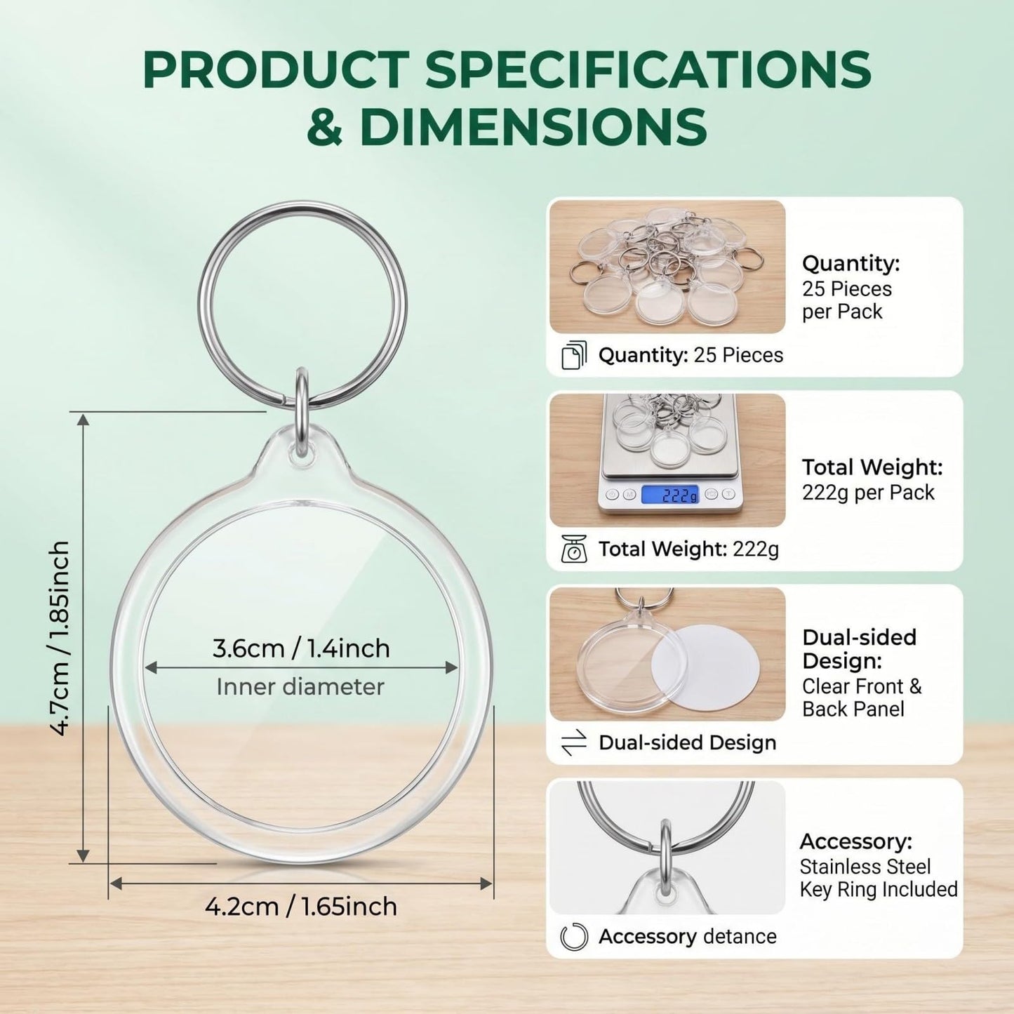 UPSTORE 25PCS 1.4inch Inner Diameter Round Clear Acrylic Blank Passport Photo Logo Image Inserts Split Keychain Keyrings Wallet Friendly Picture Snap-in Frame Key Ring for Women and Men