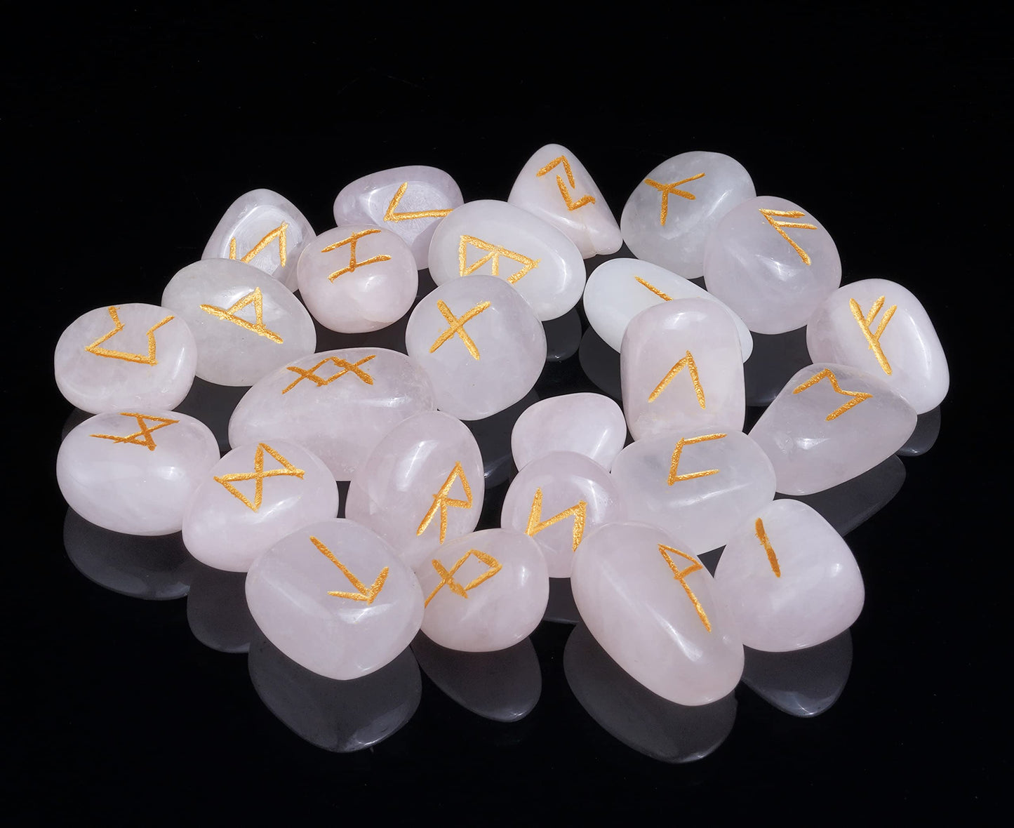 Crocon Rose Quartz Gemstone Rune Stone with Elder Futhark Alphabet Engraved Symbol 25 pcs Set for Feng Shui Reiki Crystal Healing Chakra Balancing Gift Home Decor Size: 15-20 mm