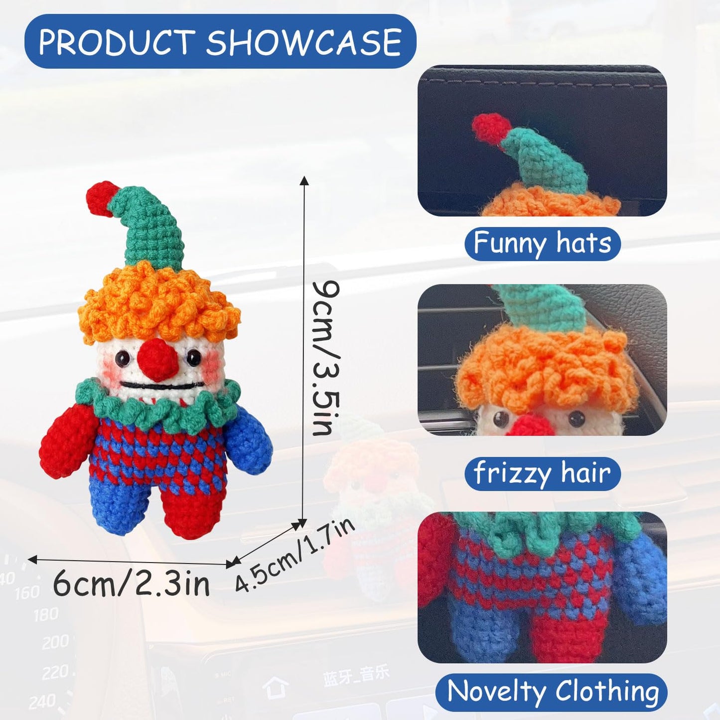ZIUGLIKAL Cute Clown Car Air Vent Clip Handmade Crochet Anime Decoration Suitable for Car Air Vents Car Interior Accessories Car Gifts for Men & Women (Car air Vent Clown)