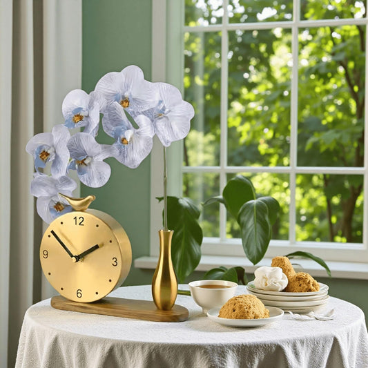 WUrnschmidt Floral Art Brass Mantel Clock - Elegant Silent Table Clock with Flower Design, Vintage Home Decor for Living Room, Luxury Solid Brass Decorative Clock