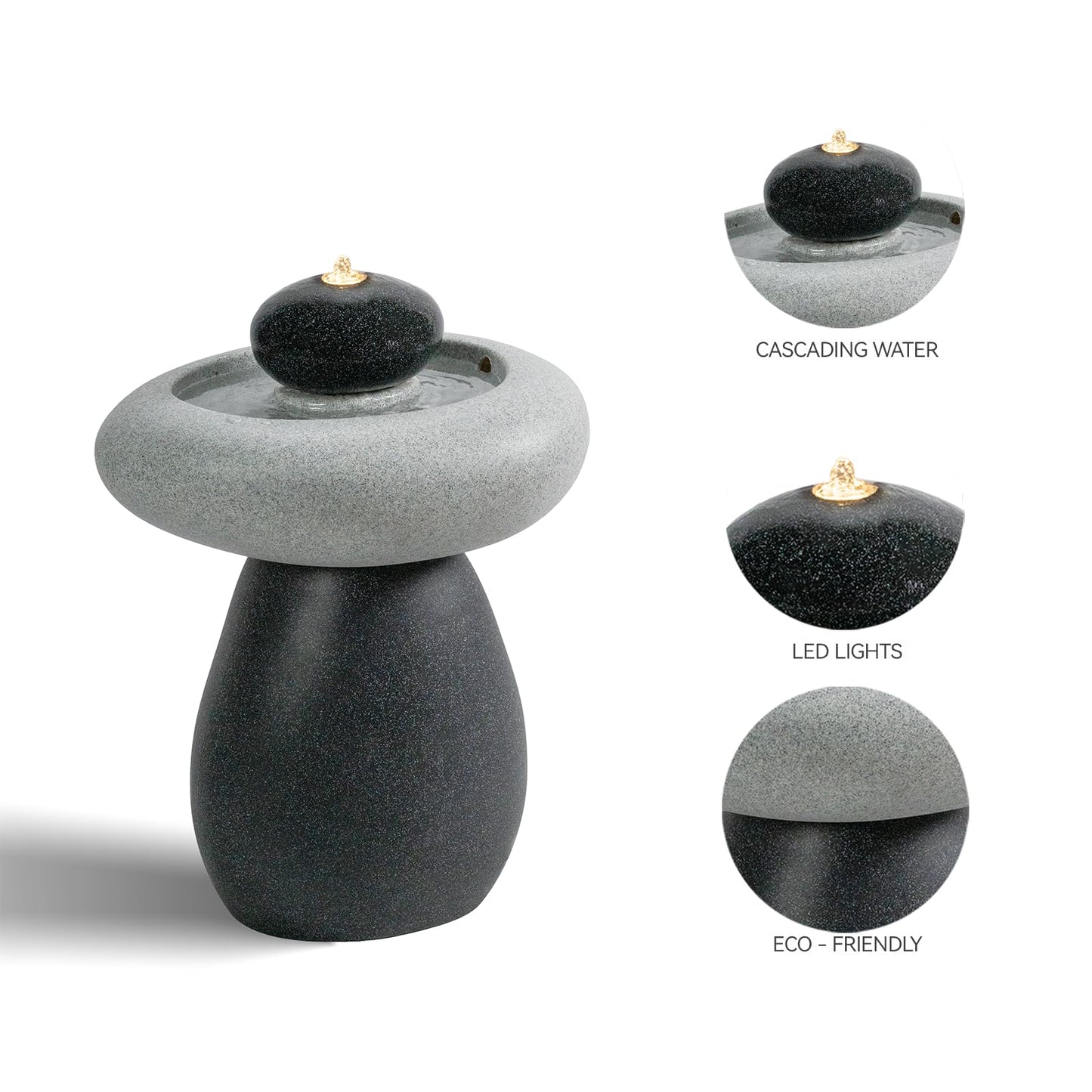 Puulye 24.02" H Outdoor Water Fountain Made with Eco-Friendly Recyclable Materials, Polyethylene Rock Waterfall Outdoor Fountain, Garden Decor with LED Light & Pump for Patio, Backyard