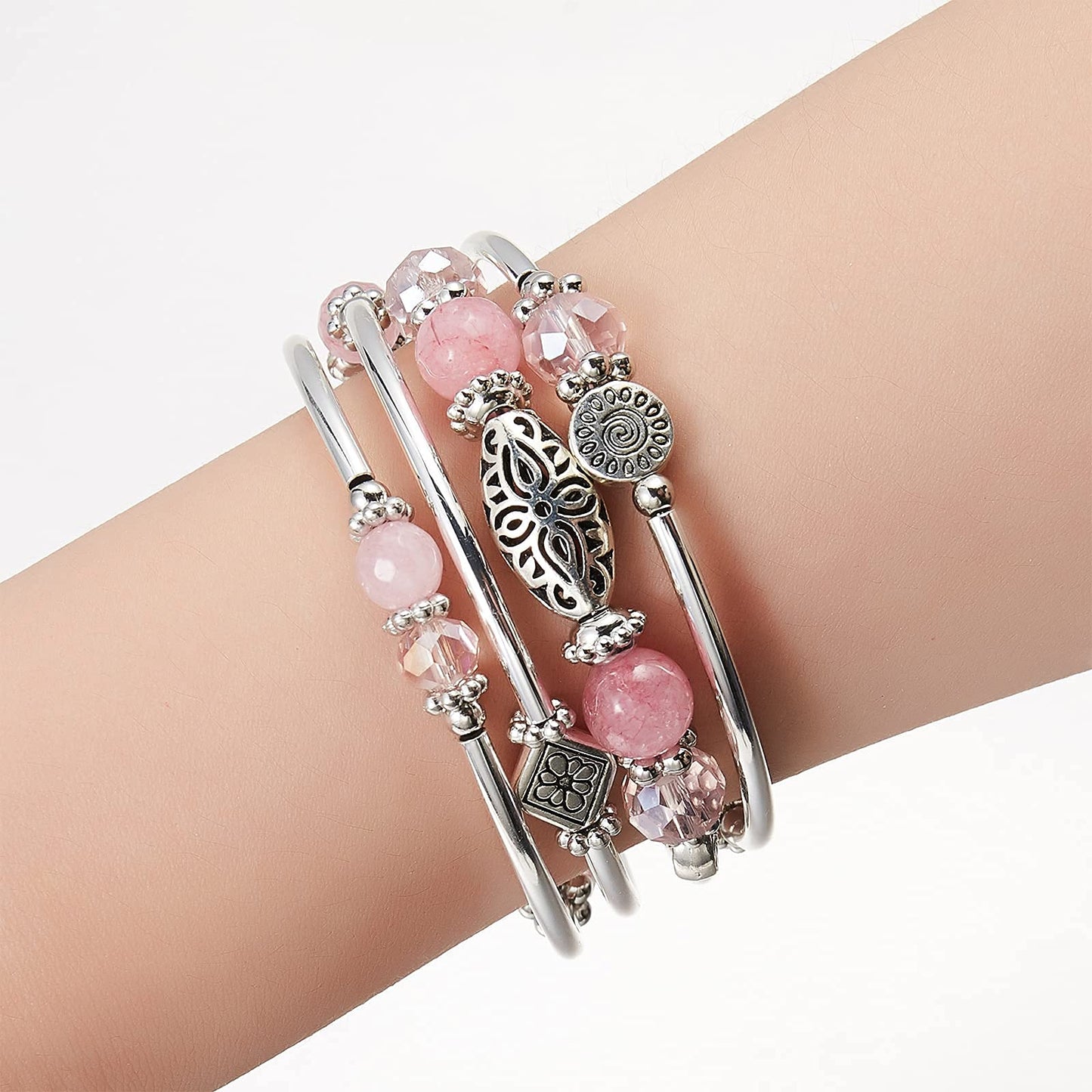 FULU AUTUMN Stackable Beaded Bracelets for Women Boho Wrap Silver Bracelet Layered Fashion Jewelry Gifts for Her(Pink)