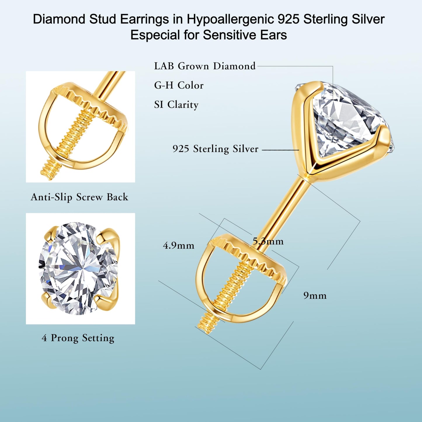 Lab-Grown Diamond Stud Earrings in Hypoallergenic 925 Sterling Silver, Screw Back, 1/5 to 2 1/2 Cttw, Round Princess Cushion Cut, 4 Prong, G-H Color, SI Clarity (14k Yellow Gold Plated, 0.2 cttw (0.1ct each)-3.0mm, White Round Diamond)