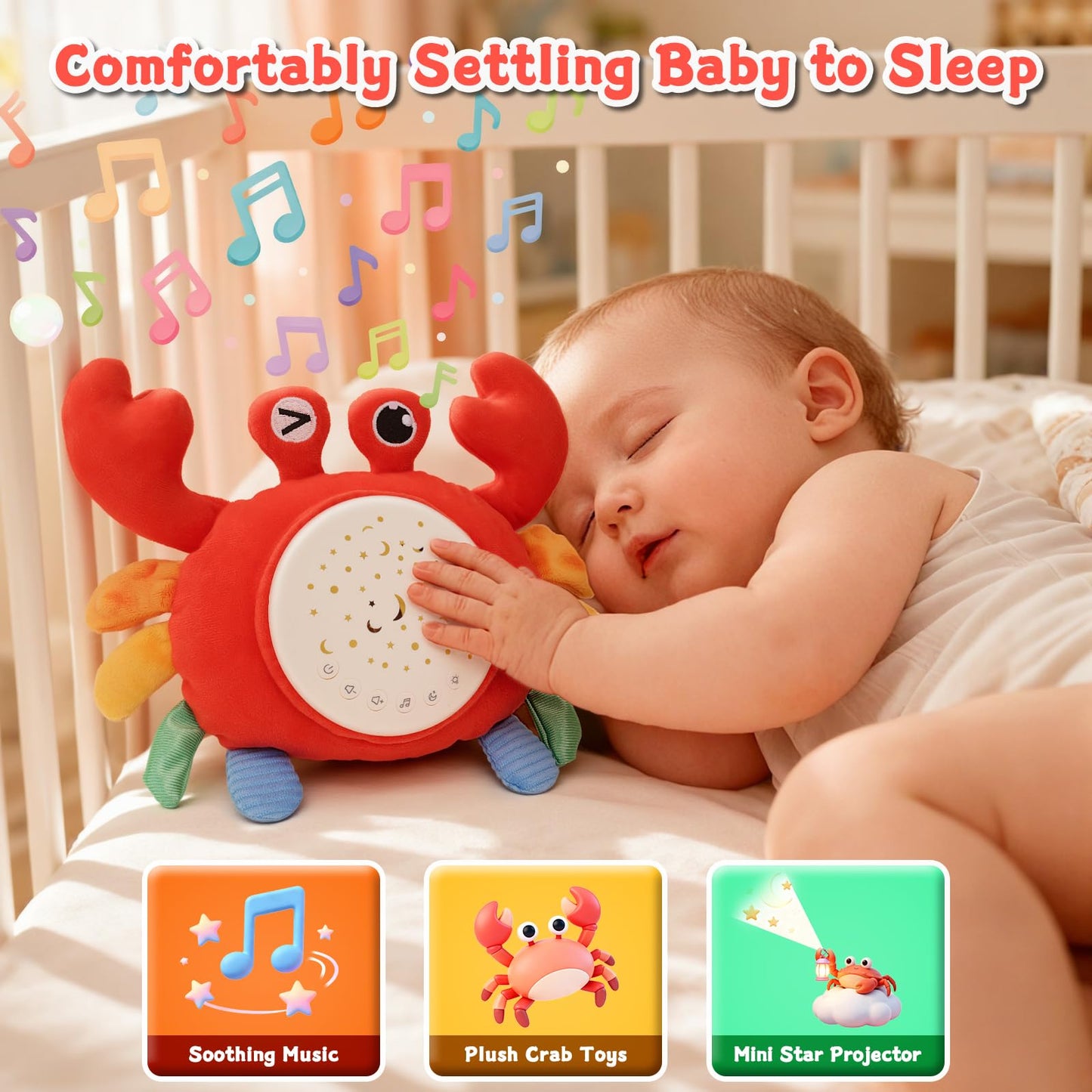 MPQMPQ Baby Sleep Soother Toys - Night Light Projector & White Noise Sound Machine, Soft Stuffed Animal Crab Musical Toys for Babies 0-6-12-18 Months Toddlers Boys Girls Christmas Gifts