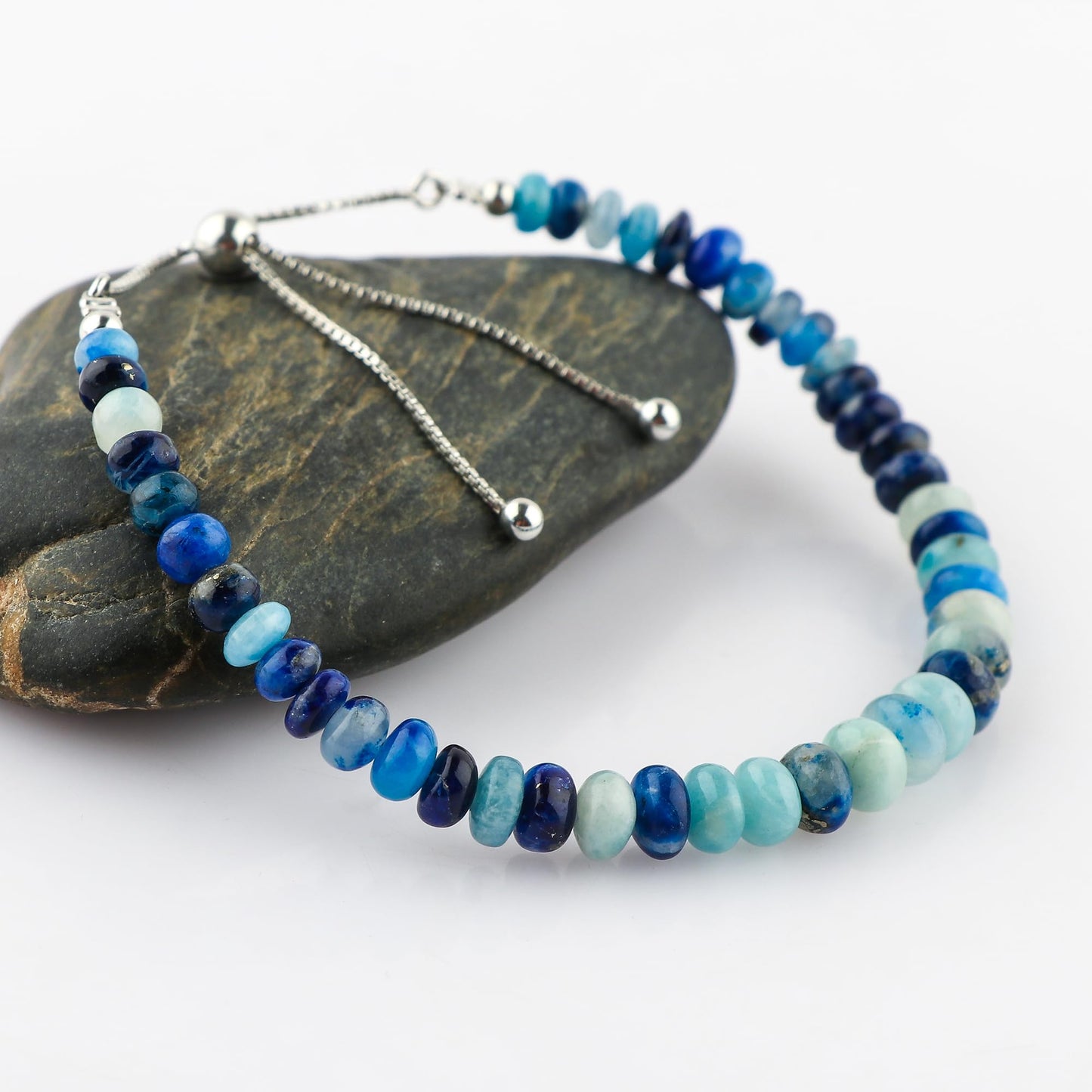 CRYSTALIS Copper Afghanite Lapis Lazuli Beads Slider Bolo Bracelet, High Grade Beaded Crystals, Chakra Healing Gemstone, Gift Giving Women Jewelry, 925 Sterling Silver Slider 10 inch