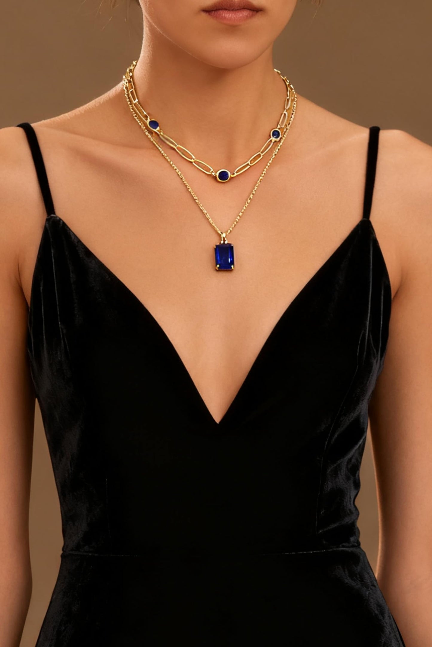 VANGETIMI Blue and Gold Layered Pendant Necklaces for Women 14k Gold Plated Crystal Choker Necklace Paperclip Rhinestone Necklace Party Prom Jewelry