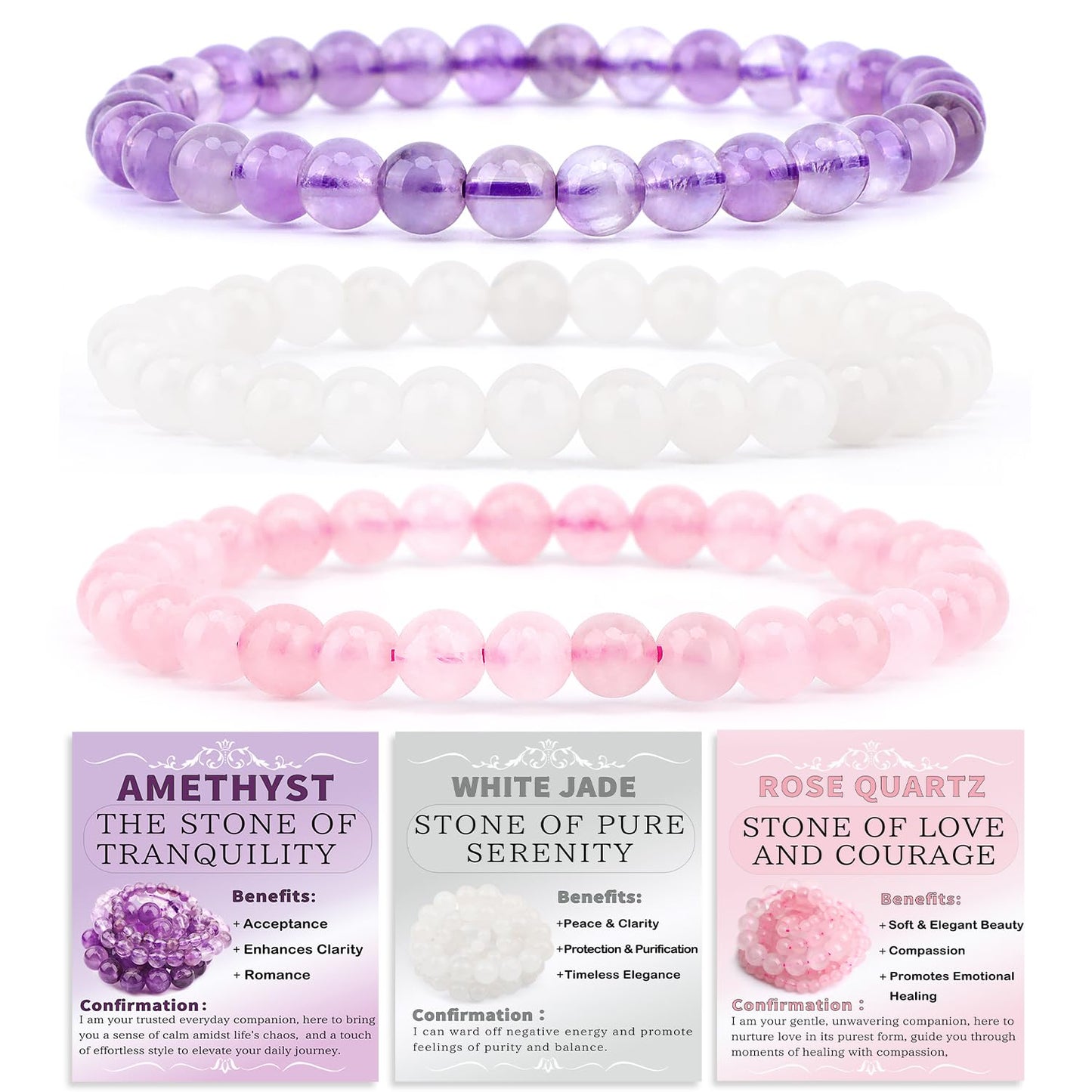 NCB 3-Piece 6mm Natural Crystal Gemstone Stretch Bracelets – ﻿Amethyst, Pink Quartz, White Jade Handmade Reiki Energy Healing Jewelry for Meditation,Yoga, Unisex