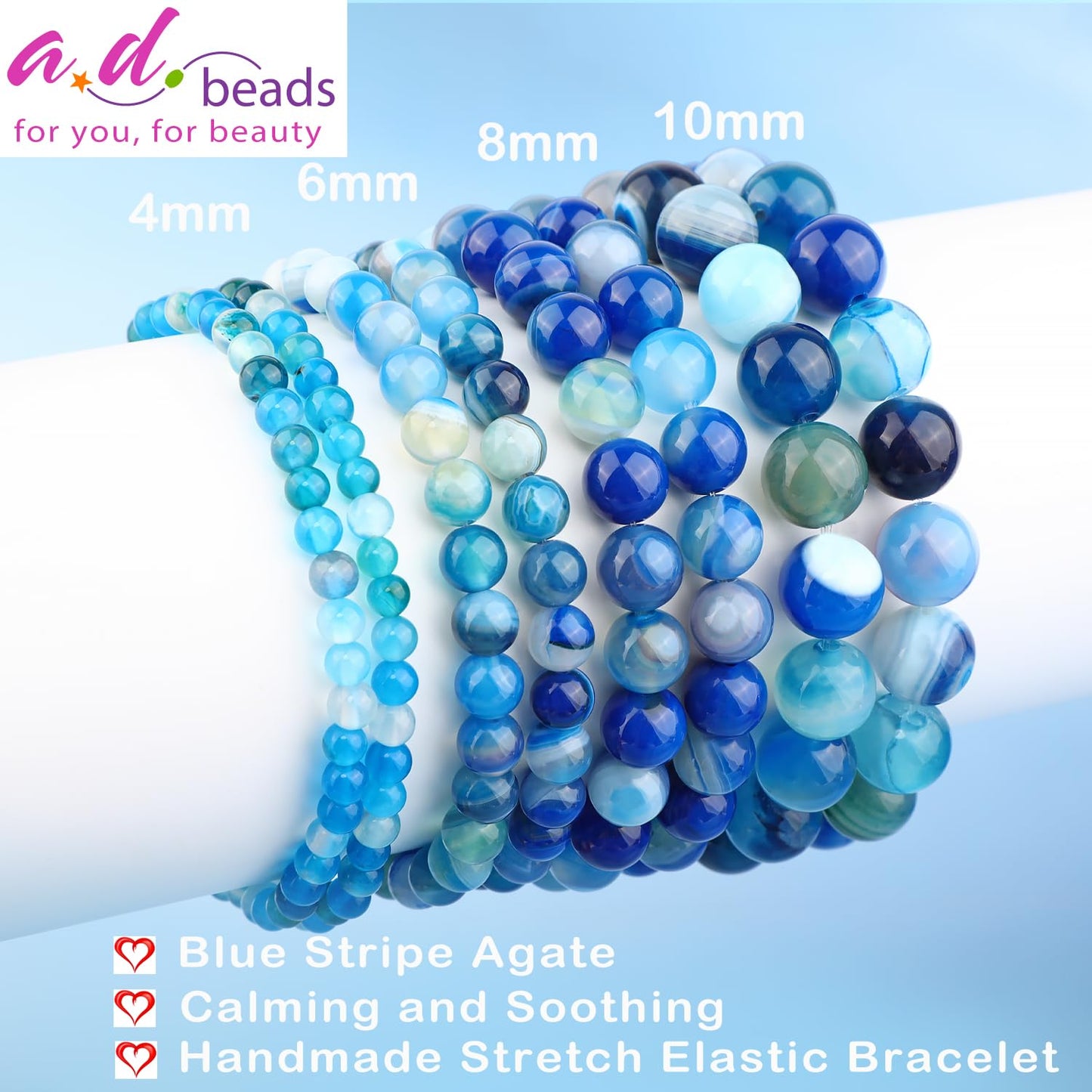 AD Beads 4mm Handmade Blue Stripe Agate Elastic Bracelet – Natural Gemstone for Calming and Soothing – Meditation, Yoga, Healing and Energy Gift for Men Women