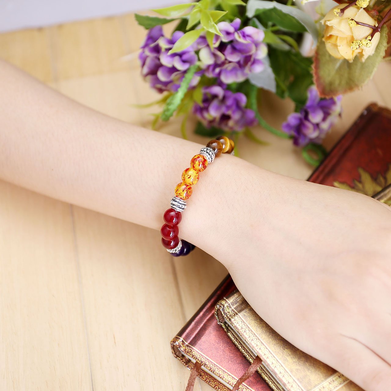 Jovivi 7 Chakras Bracelet Reiki Natural Gemstone Healing Balancing Round Beads Crystal Stone Bracelets for Women