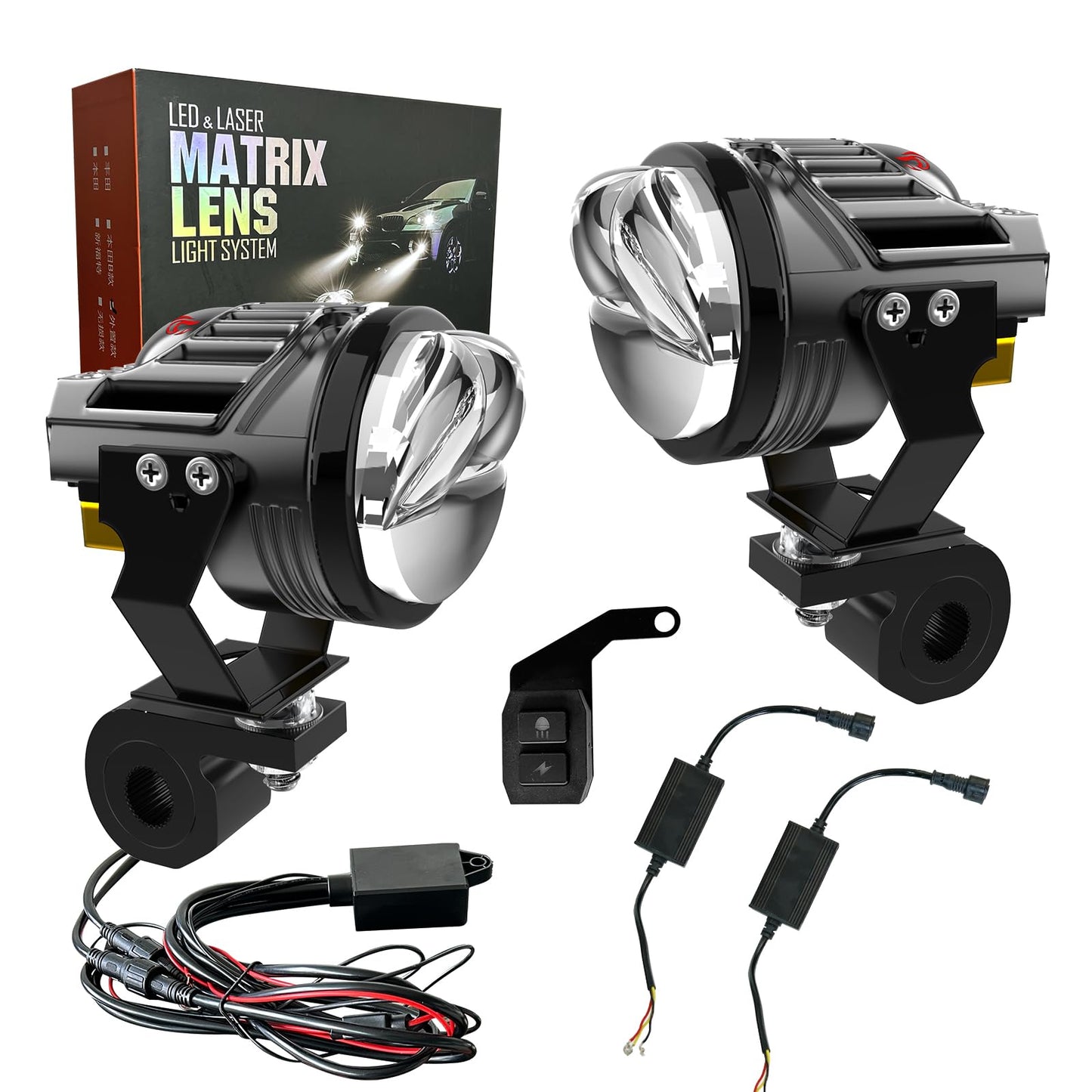 BOZCCZO Motorcycle Auxiliary LED Light Kit Driving Spotlights Lemon Green/Amber Fog Light with Mounting Bracket Remote Control Harness 120W Off-Road Work Compatible with Motorcycle J-eep Car Truck